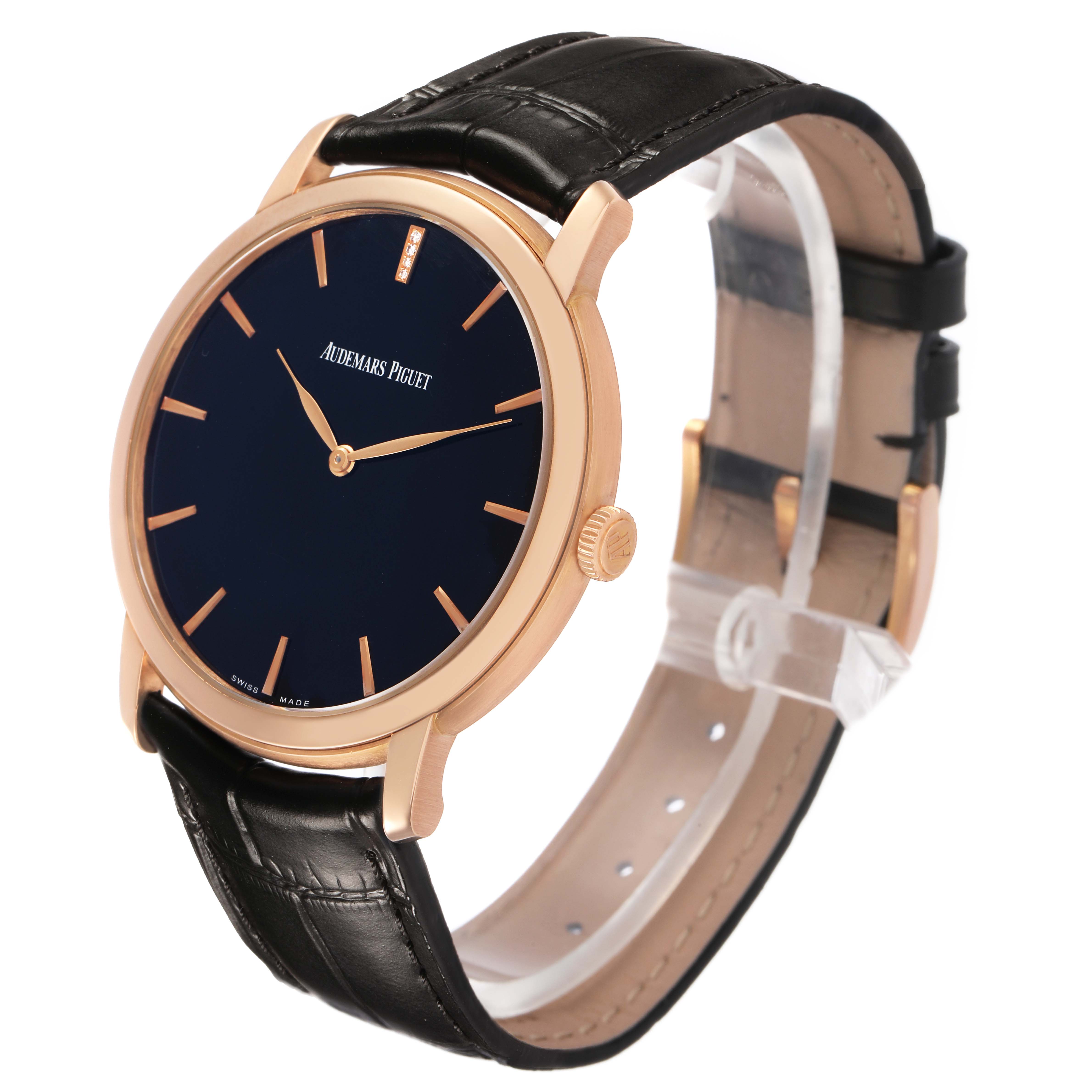 The Audemars Piguet Jules 15184OR.OO.A102CR.01 Men's Rose Gold Black Dial watch is shown at a three-quarter angle, displaying the face, case, crown, and leather strap.