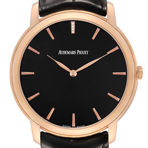 The Audemars Piguet Jules 15184OR.OO.A102CR.01 Men's Rose Gold Black Dial model is shown from the front, highlighting the black dial, rose gold case, and leather strap.