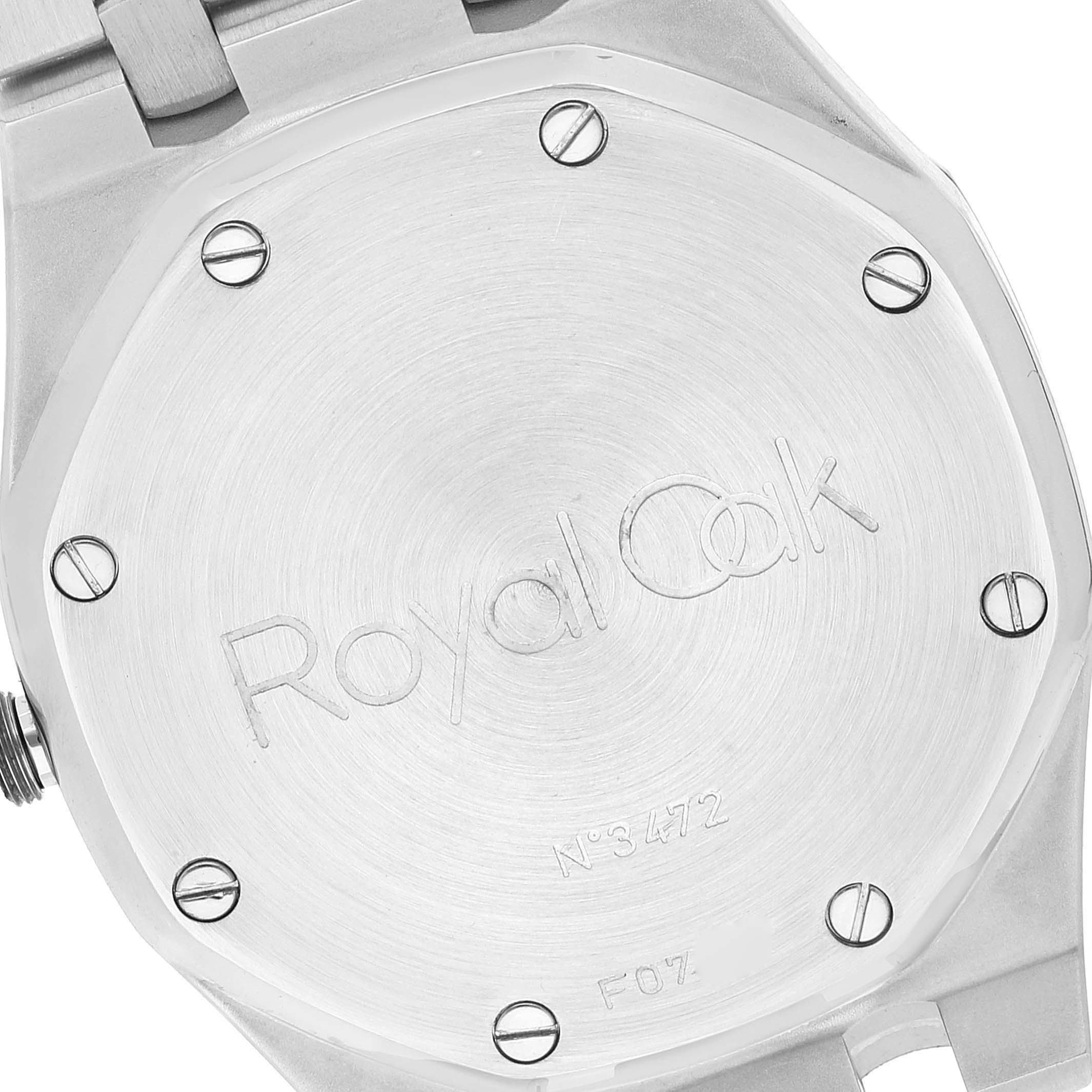 The image shows the back case of the Audemars Piguet Royal Oak 25594ST.OO.0789ST.05 Men's Stainless Steel Silver Dial 25594ST.OO.0789ST.05 Men's Stainless Steel Silver Dial watch, featuring the model name and screws.