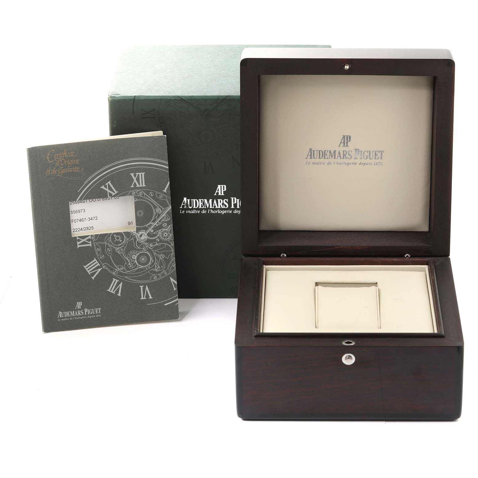 The image shows the open box and paperwork for an Audemars Piguet Royal Oak 25594ST.OO.0789ST.05 Men's Stainless Steel Silver Dial 25594ST.OO.0789ST.05 Men's Stainless Steel Silver Dial watch.