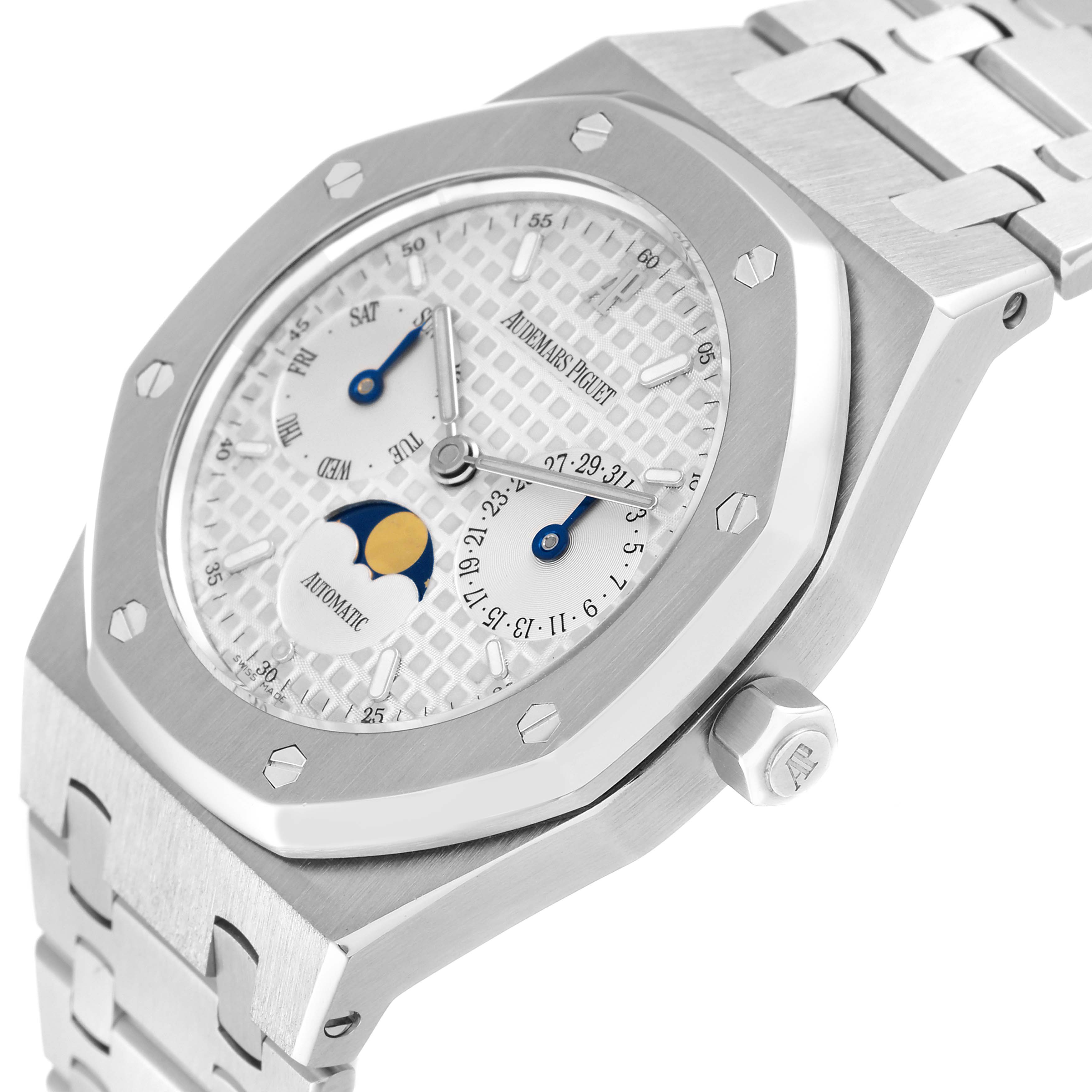 This image shows a Royal Oak by Audemars Piguet photographed from an angle that highlights its dial, bezel, crown, and part of the bracelet.