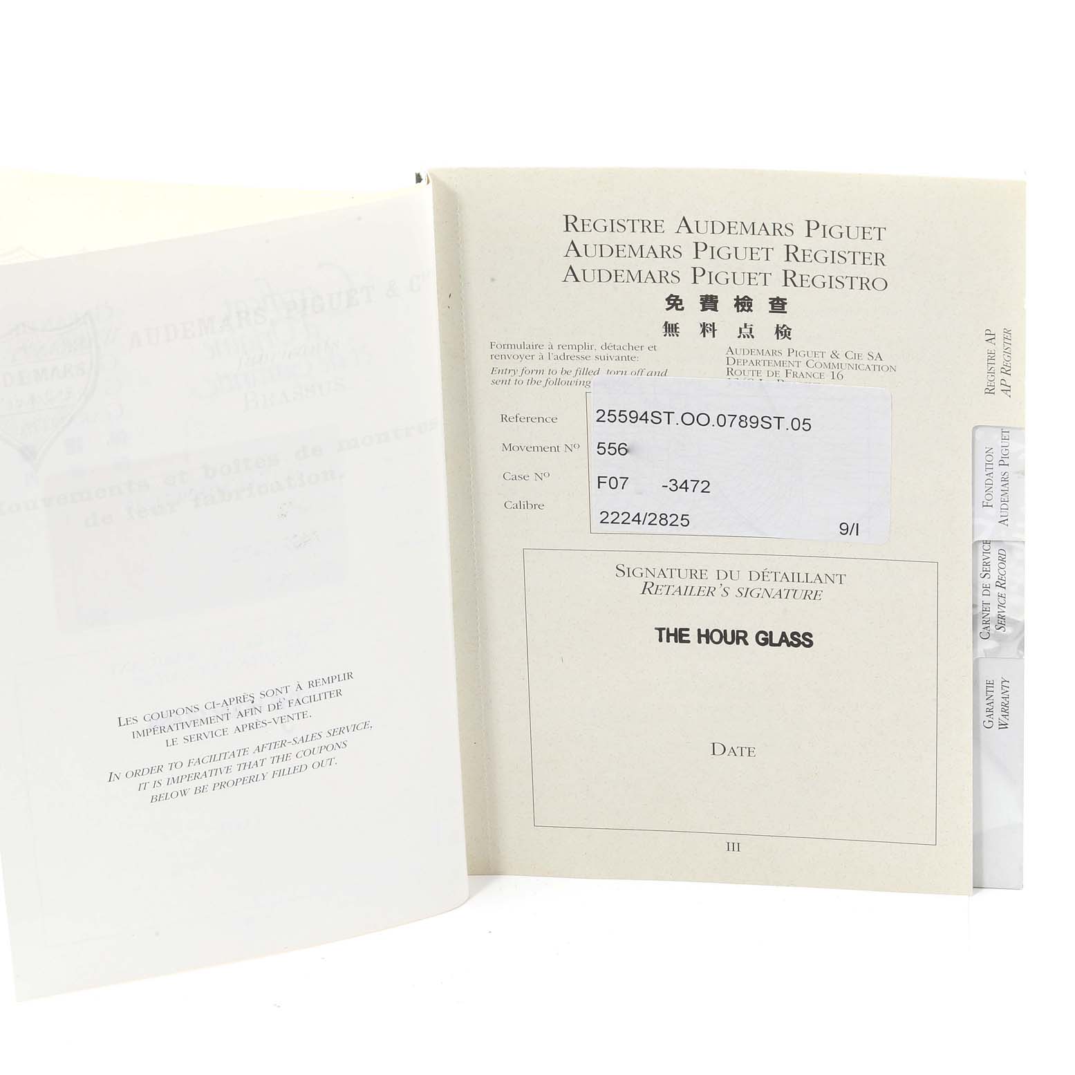 The image shows the opened registration booklet and warranty card for the Audemars Piguet Royal Oak 25594ST.OO.0789ST.05 Men's Stainless Steel Silver Dial 25594ST.OO.0789ST.05 Men's Stainless Steel Silver Dial watch.