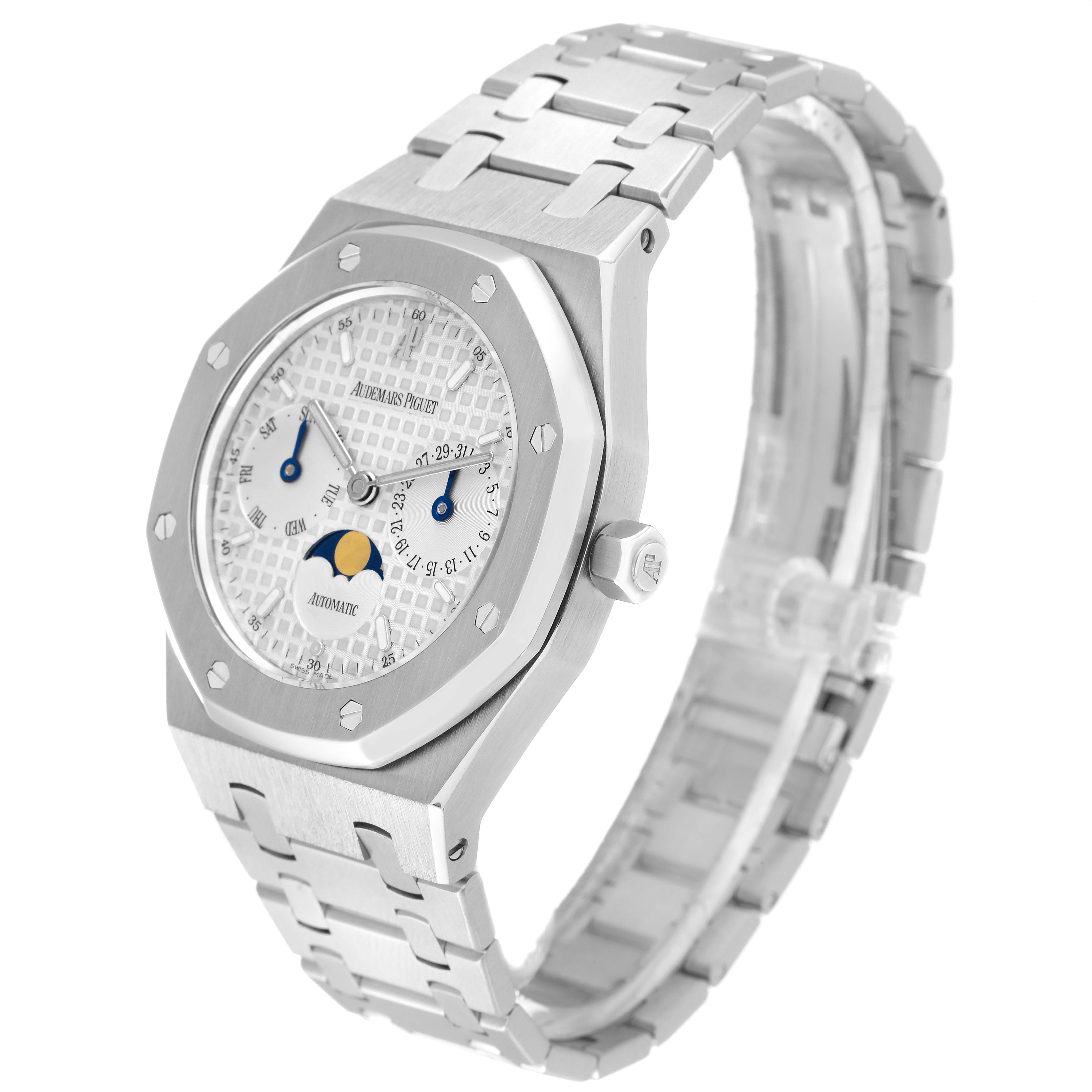 This Royal Oak model by Audemars Piguet is shown from a front-right angle, displaying its face, bezel, crown, and bracelet.