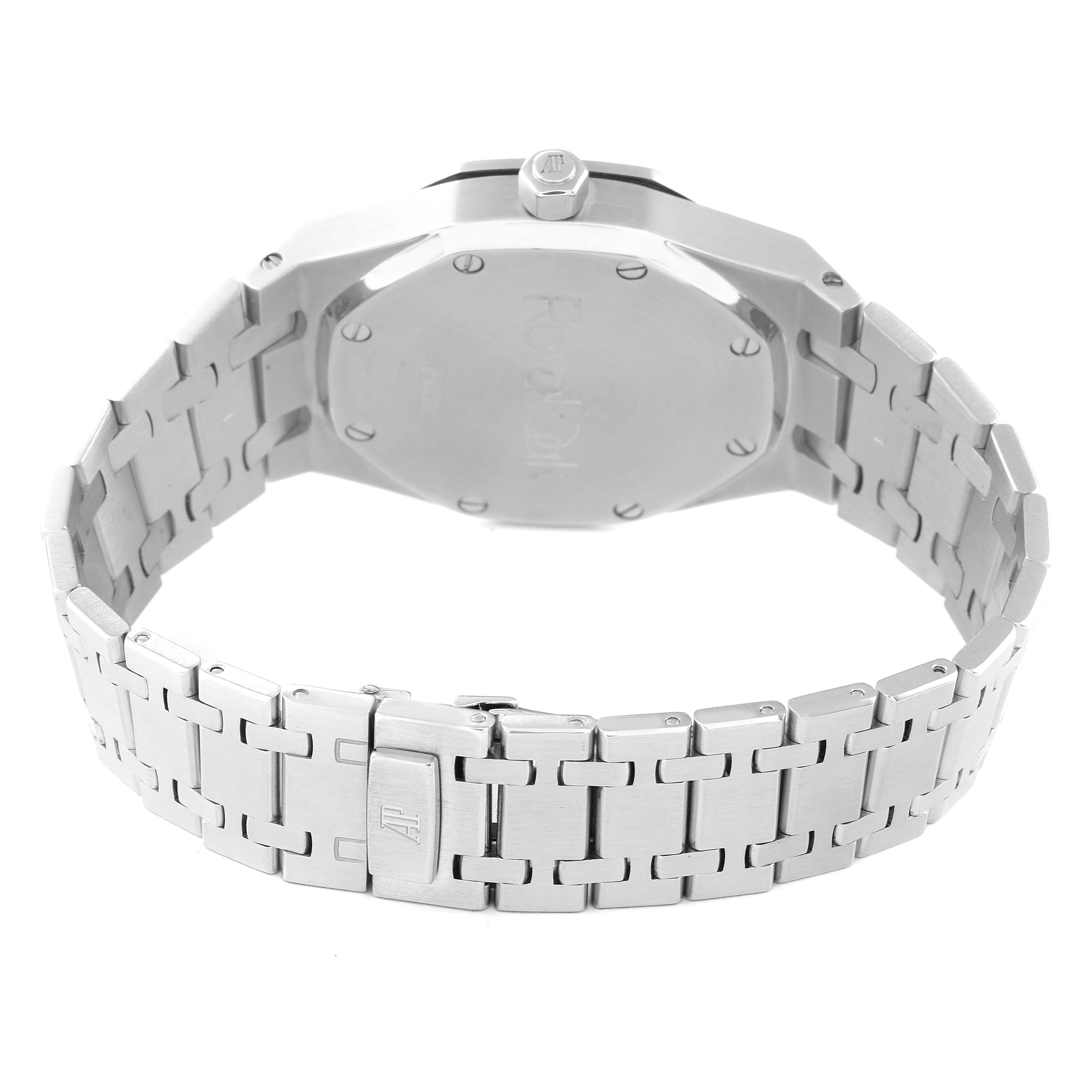 The image shows the back of the Audemars Piguet Royal Oak 25594ST.OO.0789ST.05 Men's Stainless Steel Silver Dial 25594ST.OO.0789ST.05 Men's Stainless Steel Silver Dial model watch, highlighting the case back and bracelet.