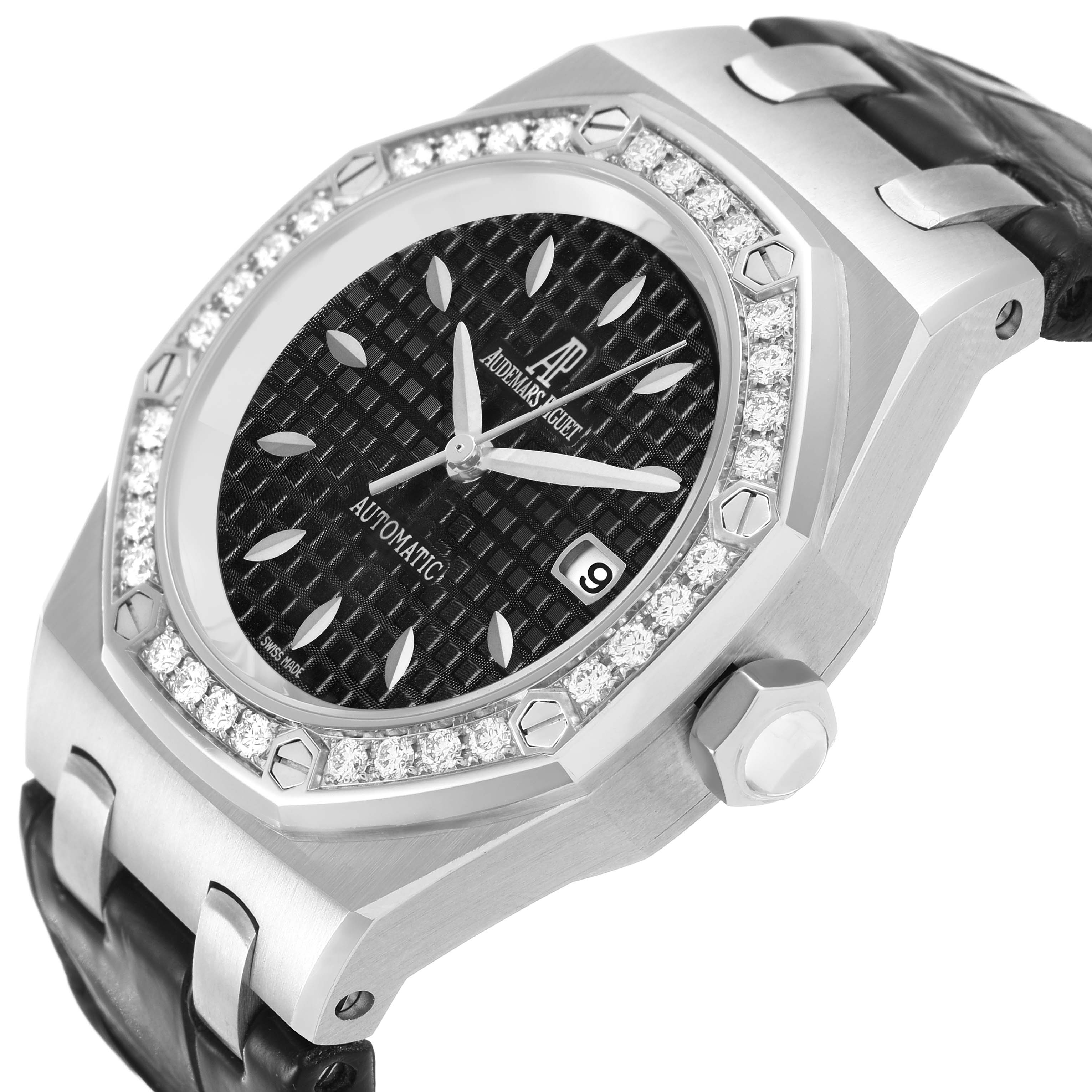 The Audemars Piguet Royal Oak 77321ST.ZZ.D002CR.01 Women's Stainless Steel Black Dial watch is shown from a three-quarter angle, highlighting its bezel, black dial, crown, and leather strap.