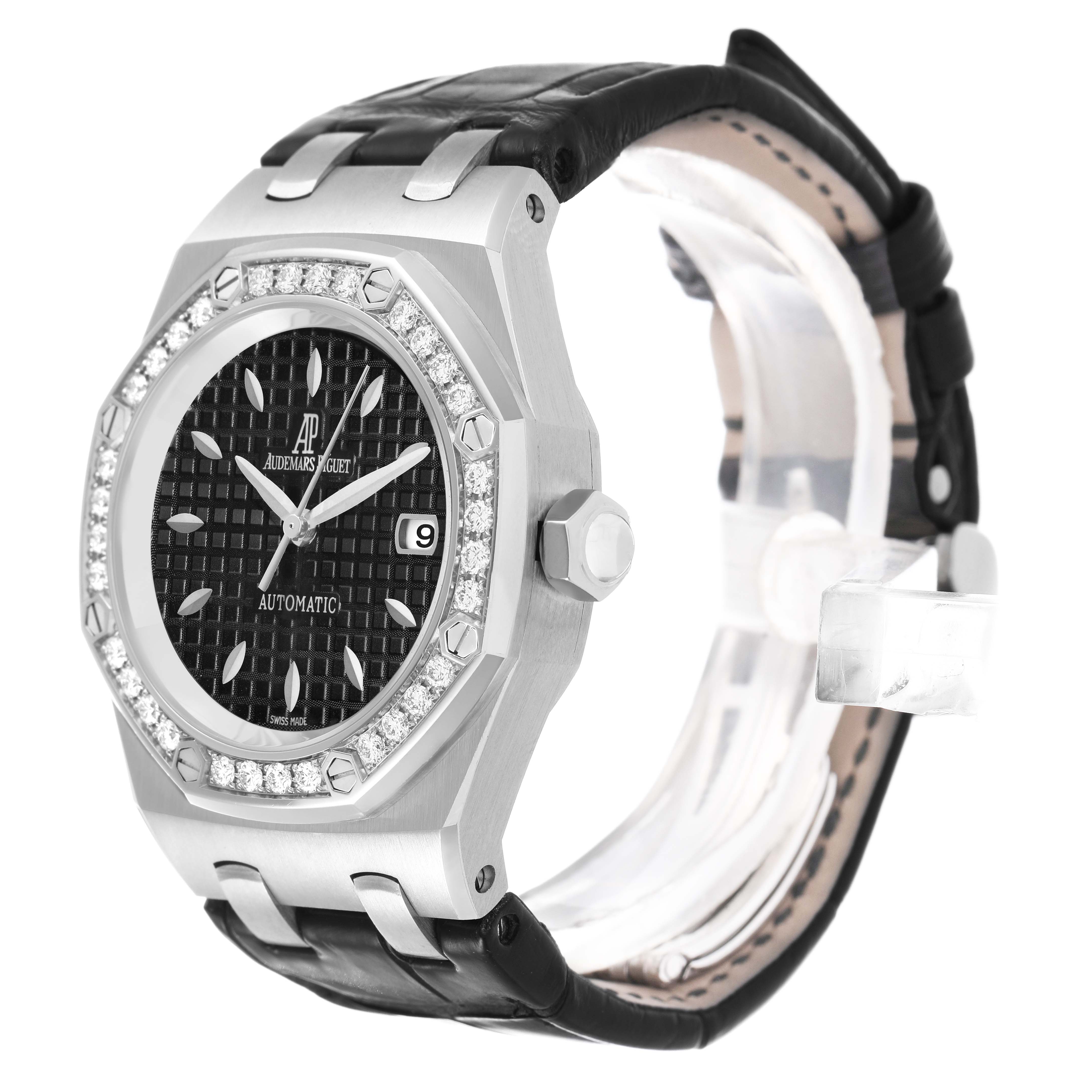 The Royal Oak by Audemars Piguet is shown from an angled side view, highlighting the bezel, dial, crown, and leather strap.