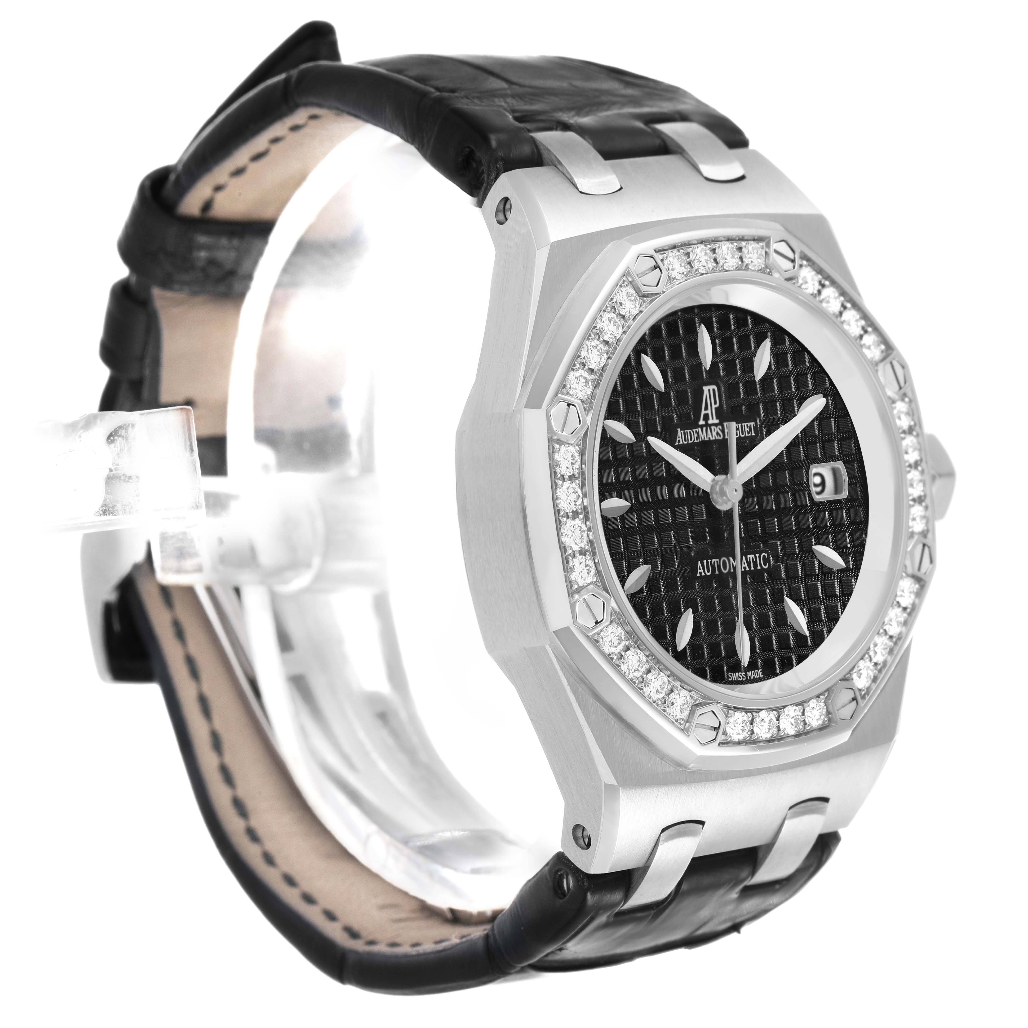 The Audemars Piguet Royal Oak 77321ST.ZZ.D002CR.01 Women's Stainless Steel Black Dial watch is shown at a three-quarter angle, highlighting its bezel, dial, and strap.