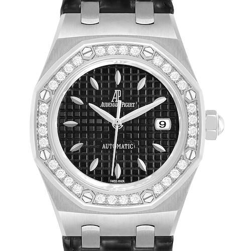 The image shows a front view of the Audemars Piguet Royal Oak 77321ST.ZZ.D002CR.01 Women's Stainless Steel Black Dial watch, highlighting its bezel with diamonds, black dial, and metal strap.