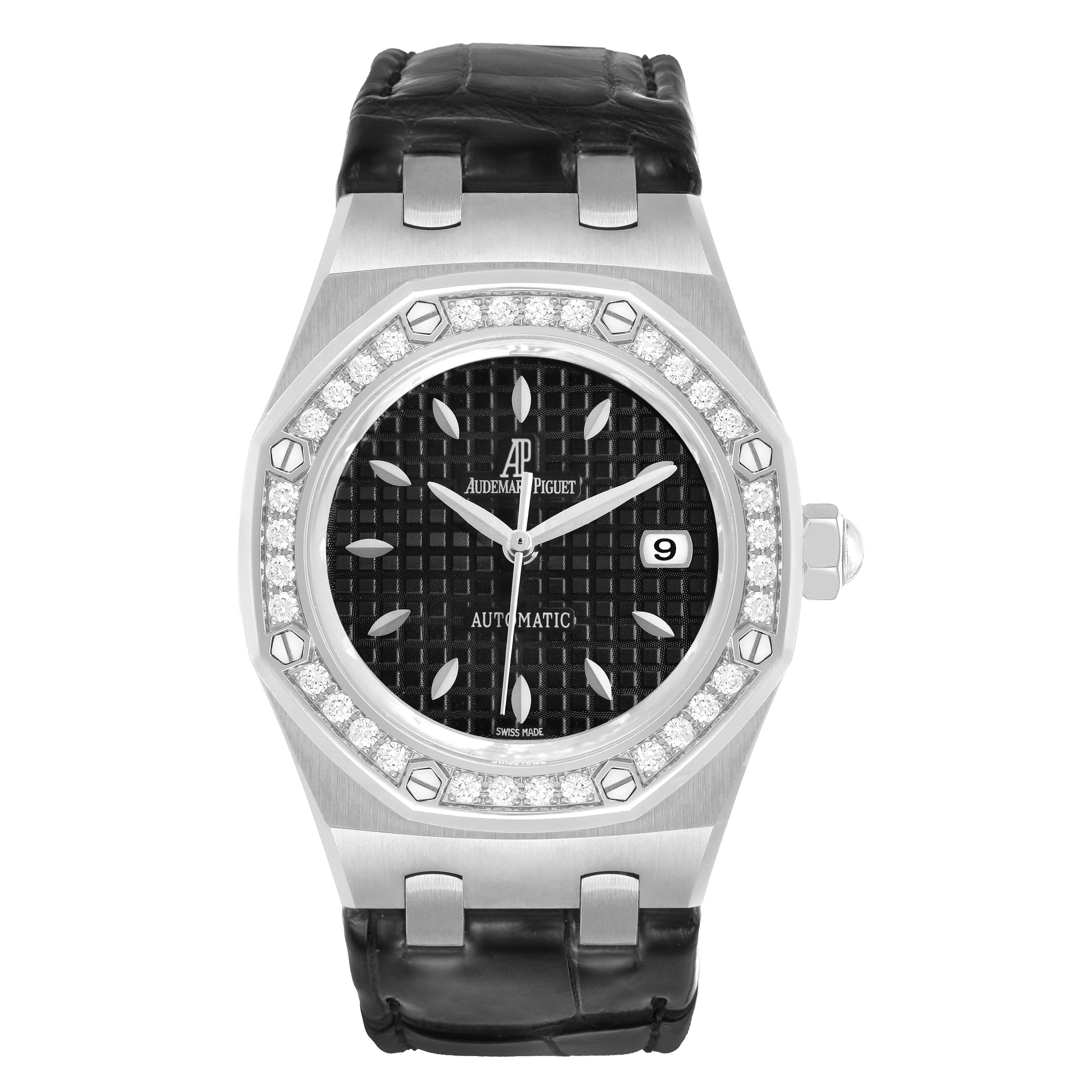 The Audemars Piguet Royal Oak 77321ST.ZZ.D002CR.01 Women's Stainless Steel Black Dial watch is shown from the front, highlighting the dial, bezel, and strap.