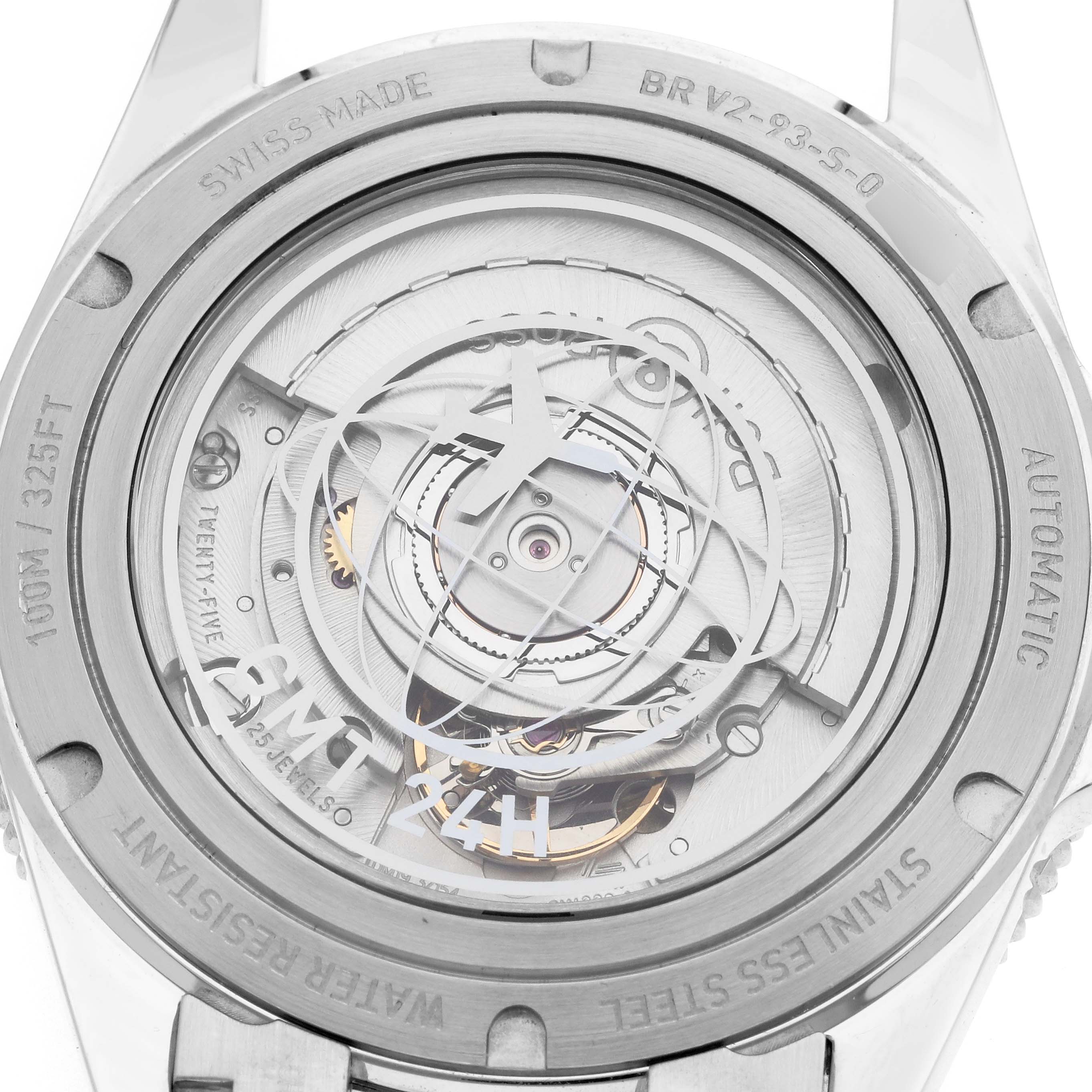 The image shows the back case of a Bell 
Ross Heritage BRV293 Men
s Stainless Steel Blue Dial watch, highlighting the movement and details like "Swiss Made" and water resistance.