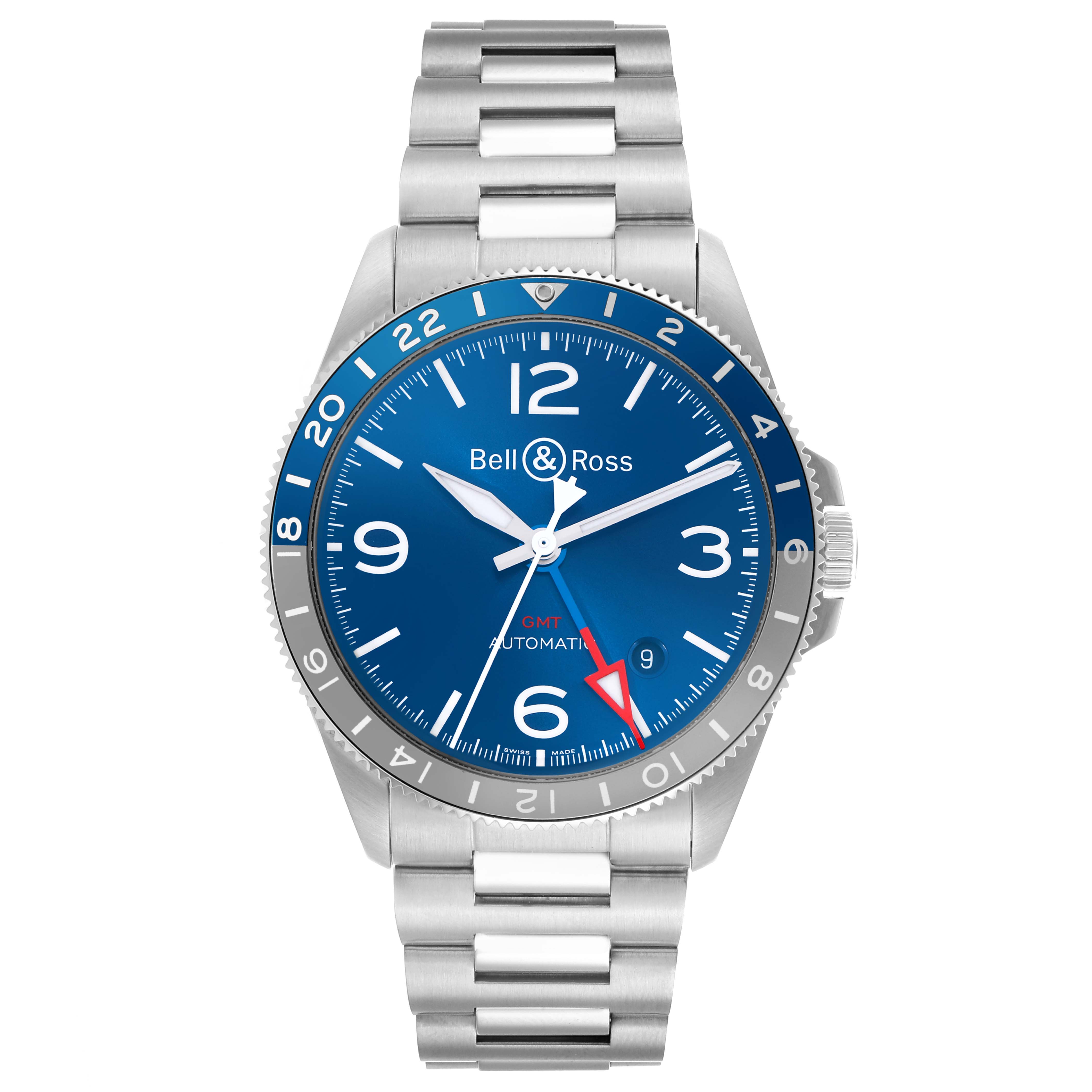 The image shows a front view of the Bell 
Ross Heritage BRV293 Men
s Stainless Steel Blue Dial model watch, featuring a blue dial and stainless steel bracelet.