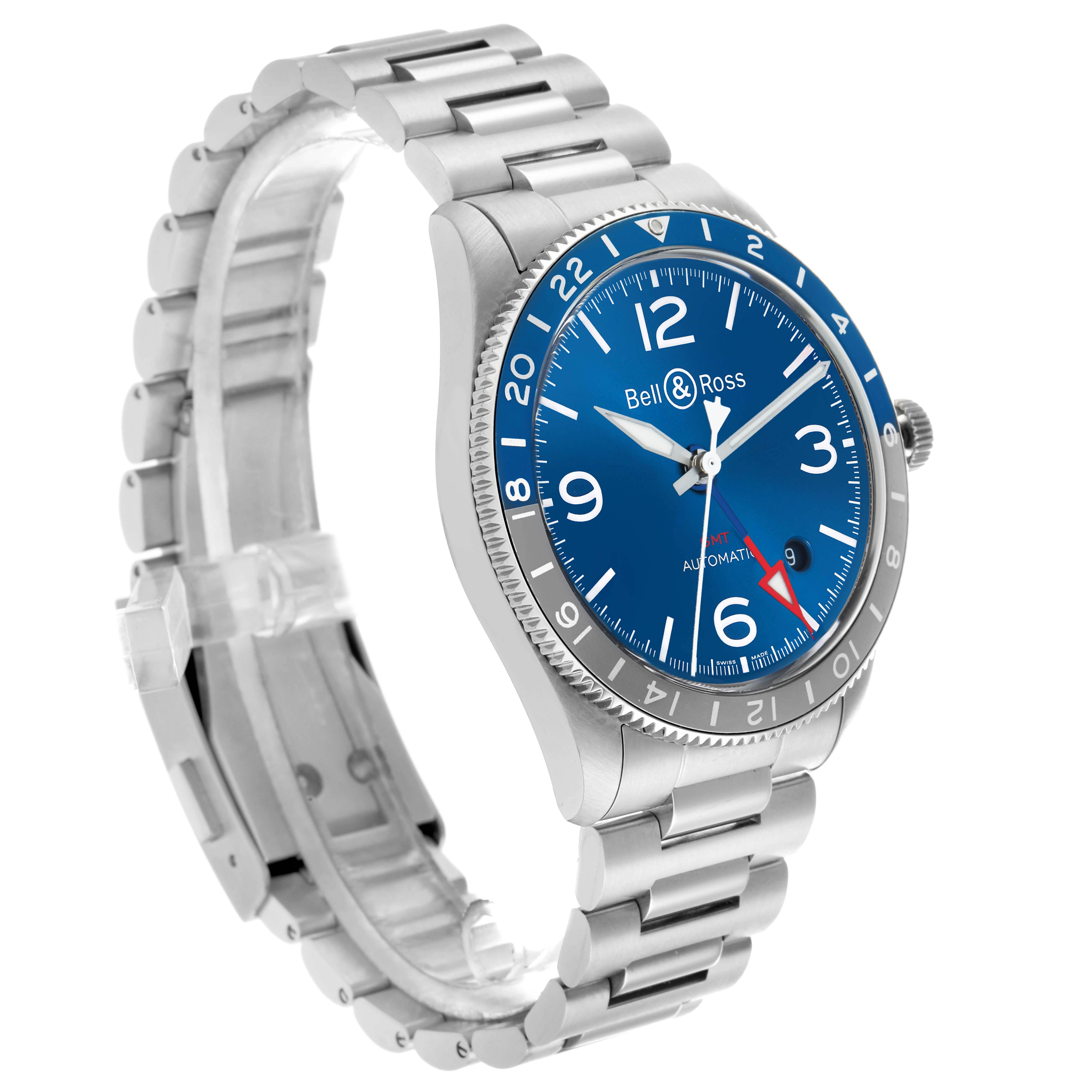 The image shows a Bell 
Ross Heritage BRV293 Men
s Stainless Steel Blue Dial watch at a three-quarter angle, highlighting the blue dial, bezel, and metal bracelet.