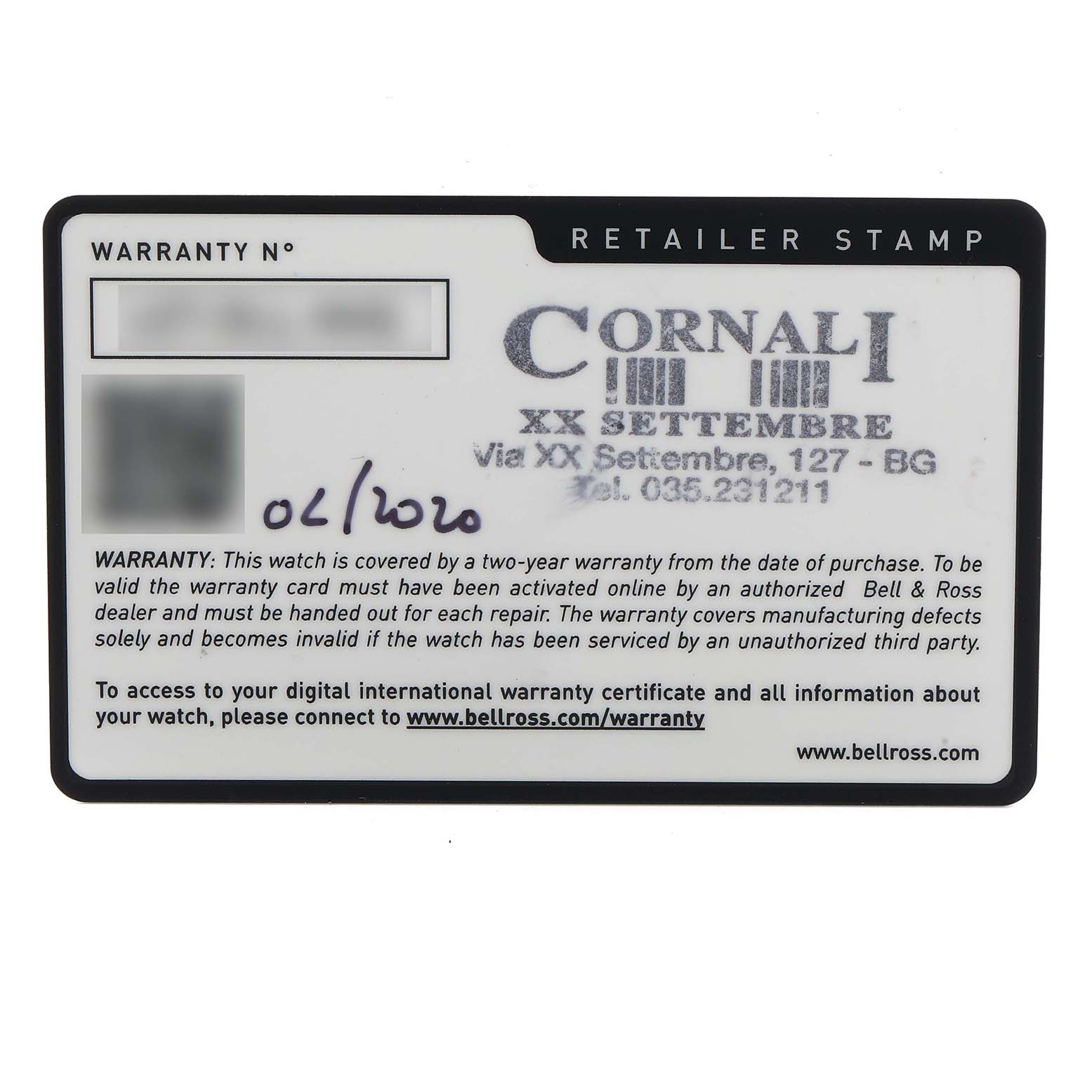 The image shows a warranty card for a Bell 
Ross Heritage BRV293 Men
s Stainless Steel Blue Dial model watch, displaying warranty details and retailer information.
