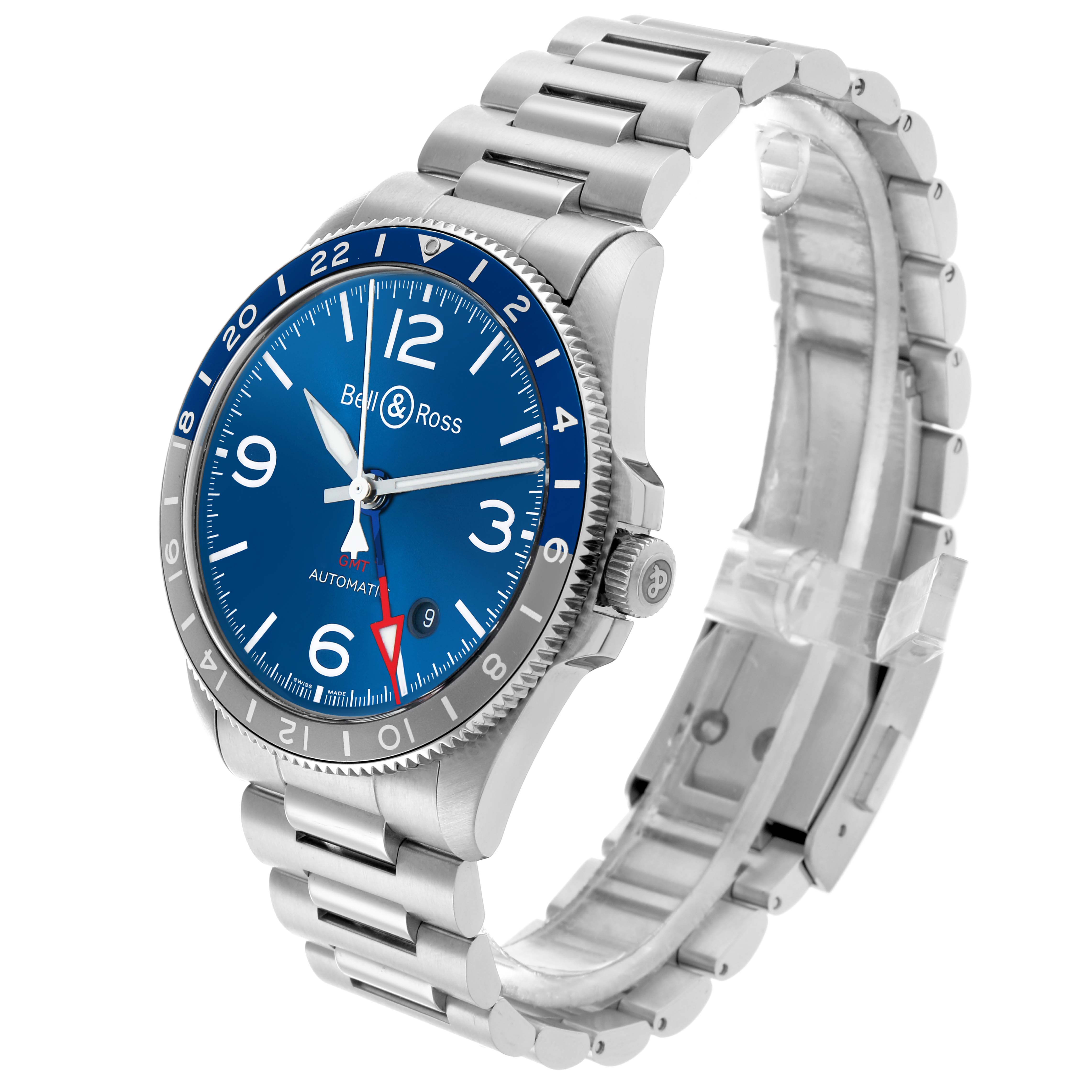 The Bell 
Ross Heritage BRV293 Men
s Stainless Steel Blue Dial model watch is shown at an angled view, highlighting the face, bezel, crown, and metal bracelet.