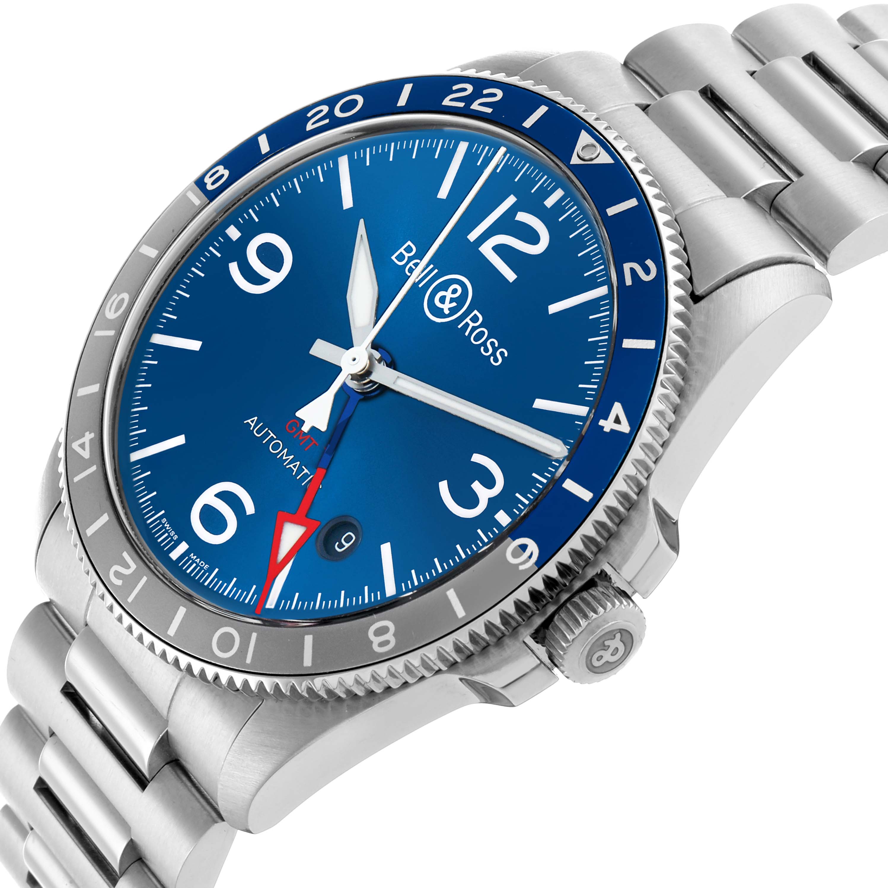 The Bell 
Ross Heritage BRV293 Men
s Stainless Steel Blue Dial watch is shown at an angled view displaying the dial, bezel, crown, and part of the bracelet.