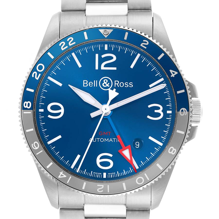 The Bell & Ross Heritage BRV293 Men's Stainless Steel Blue Dial watch is shown from a front angle, displaying the dial, bezel, and part of the metal bracelet.