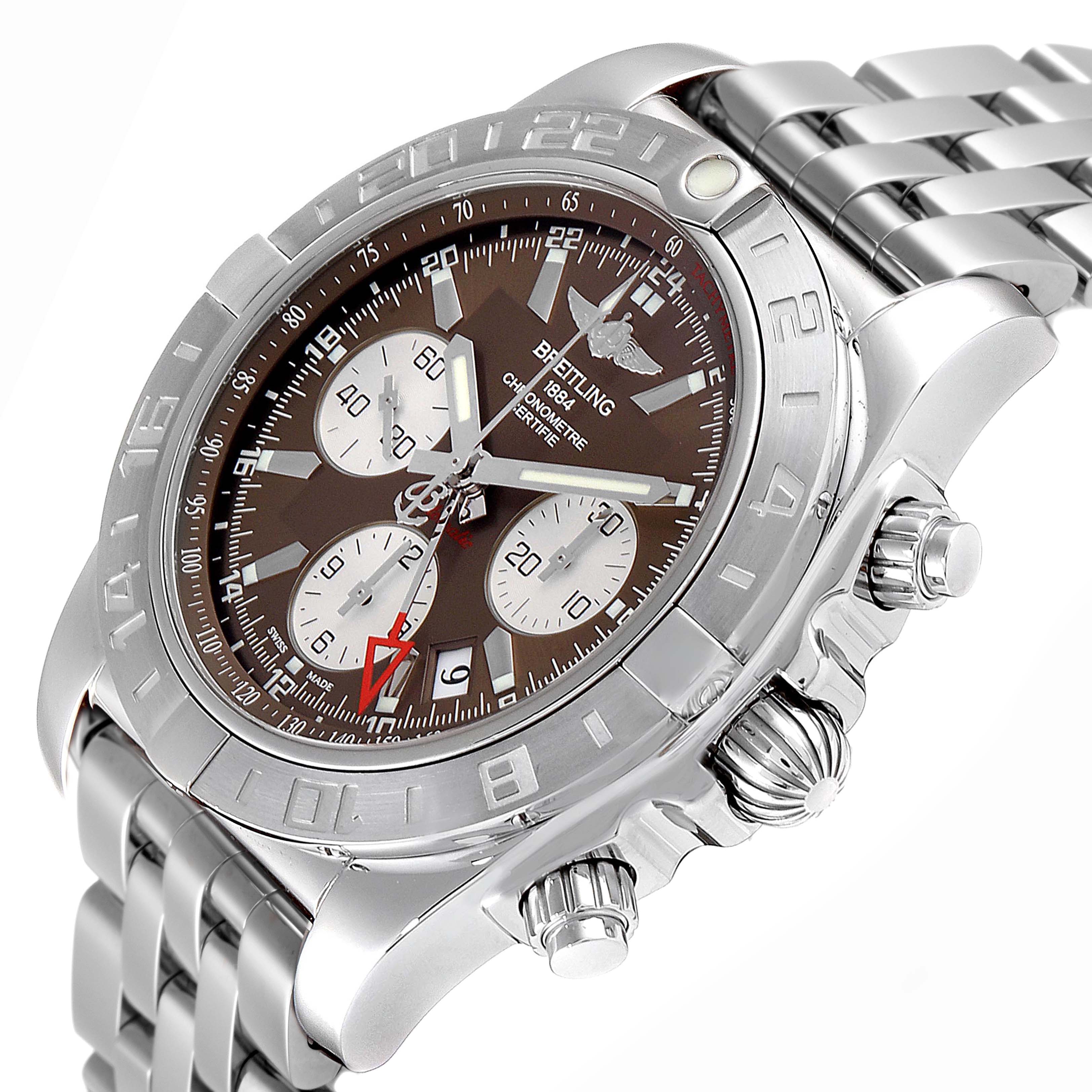 The Breitling Chronomat AB042011 Men
s Stainless Steel Brown Dial watch is shown at a slight angle, highlighting the dial, bezel, crown, and part of the bracelet.