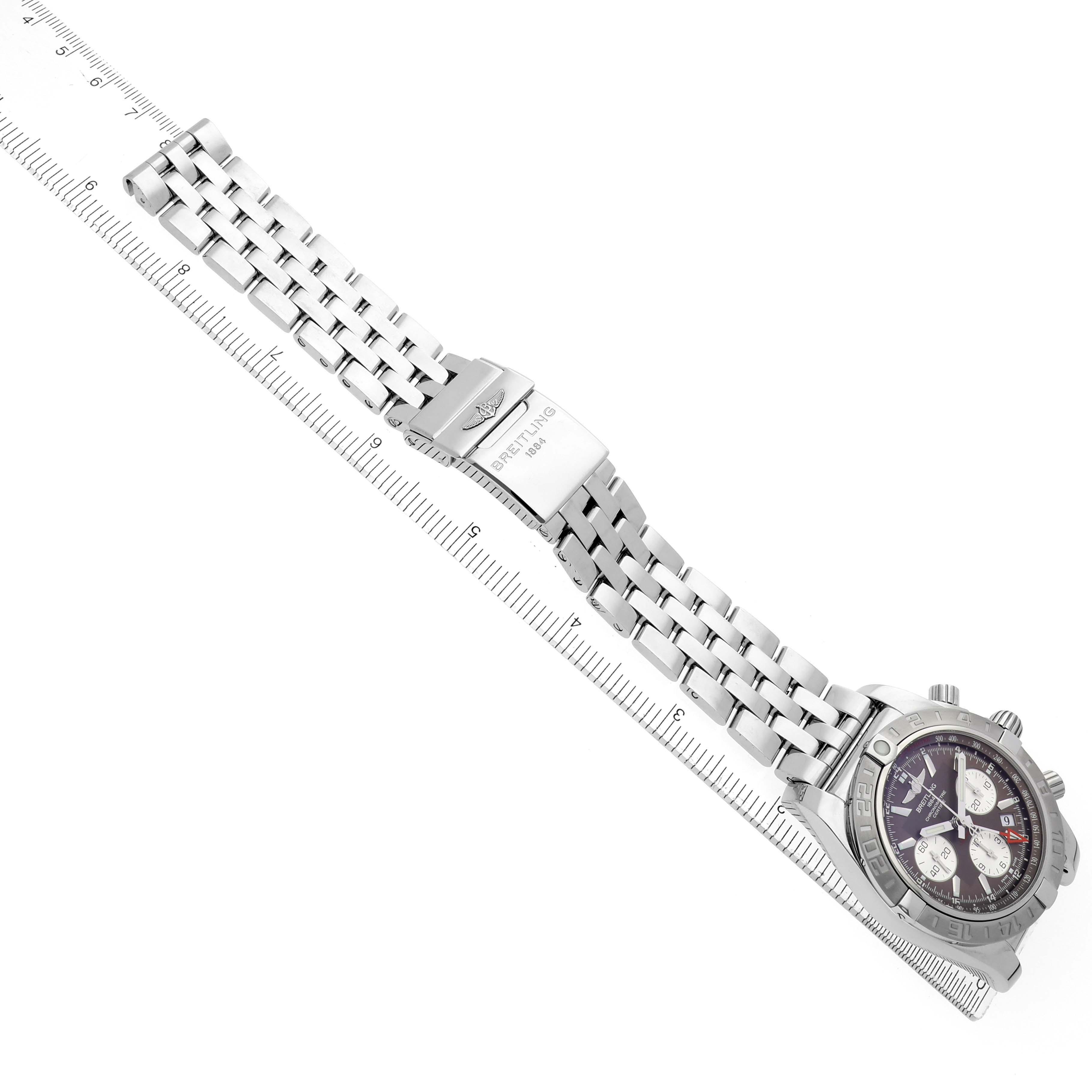 The Breitling Chronomat AB042011 Men
s Stainless Steel Brown Dial watch is shown at a diagonal angle, displaying the face, bezel, bracelet, and clasp.