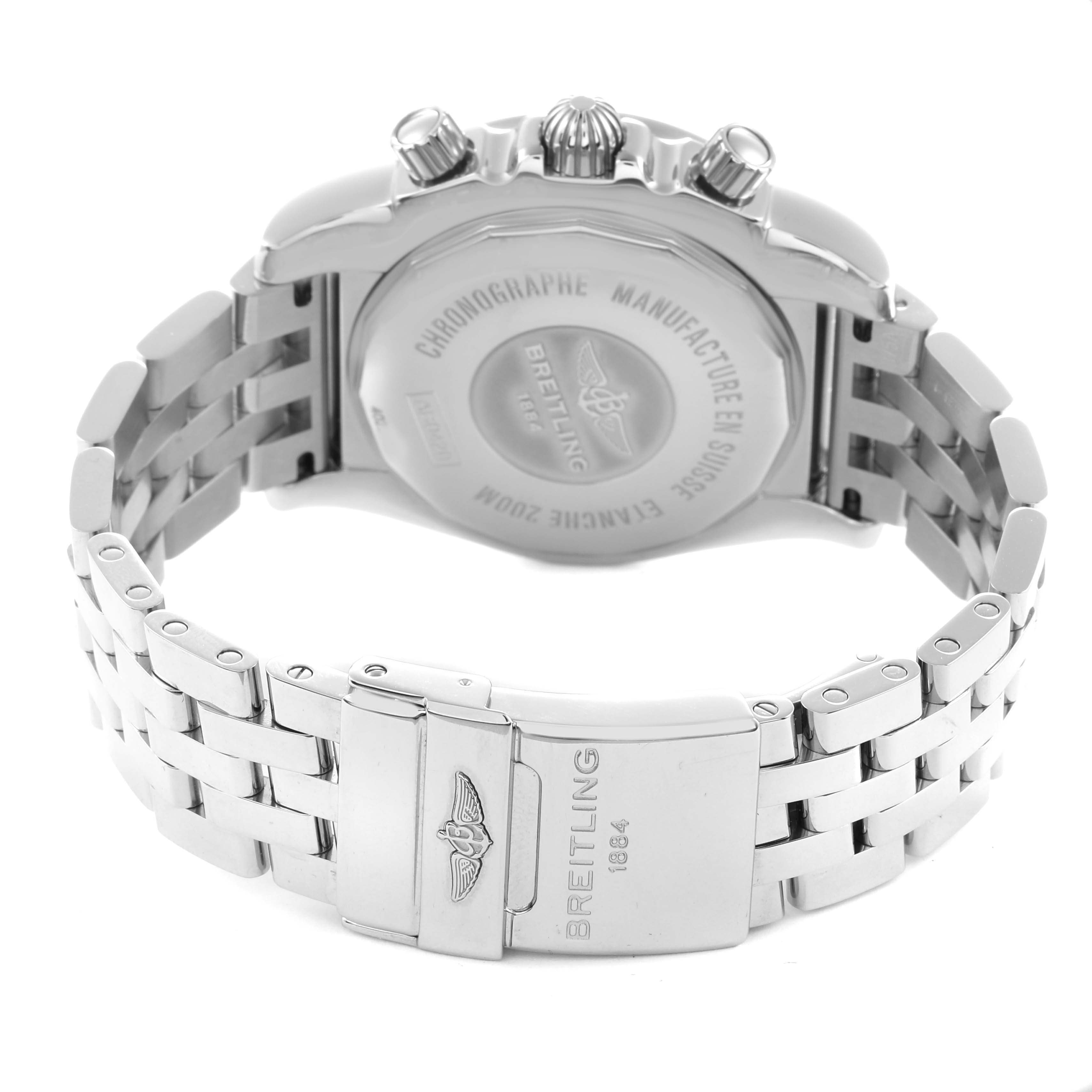 The image shows the back view of a Breitling Chronomat AB042011 Men
s Stainless Steel Brown Dial watch, highlighting the case back, crown, pushers, and metal bracelet.