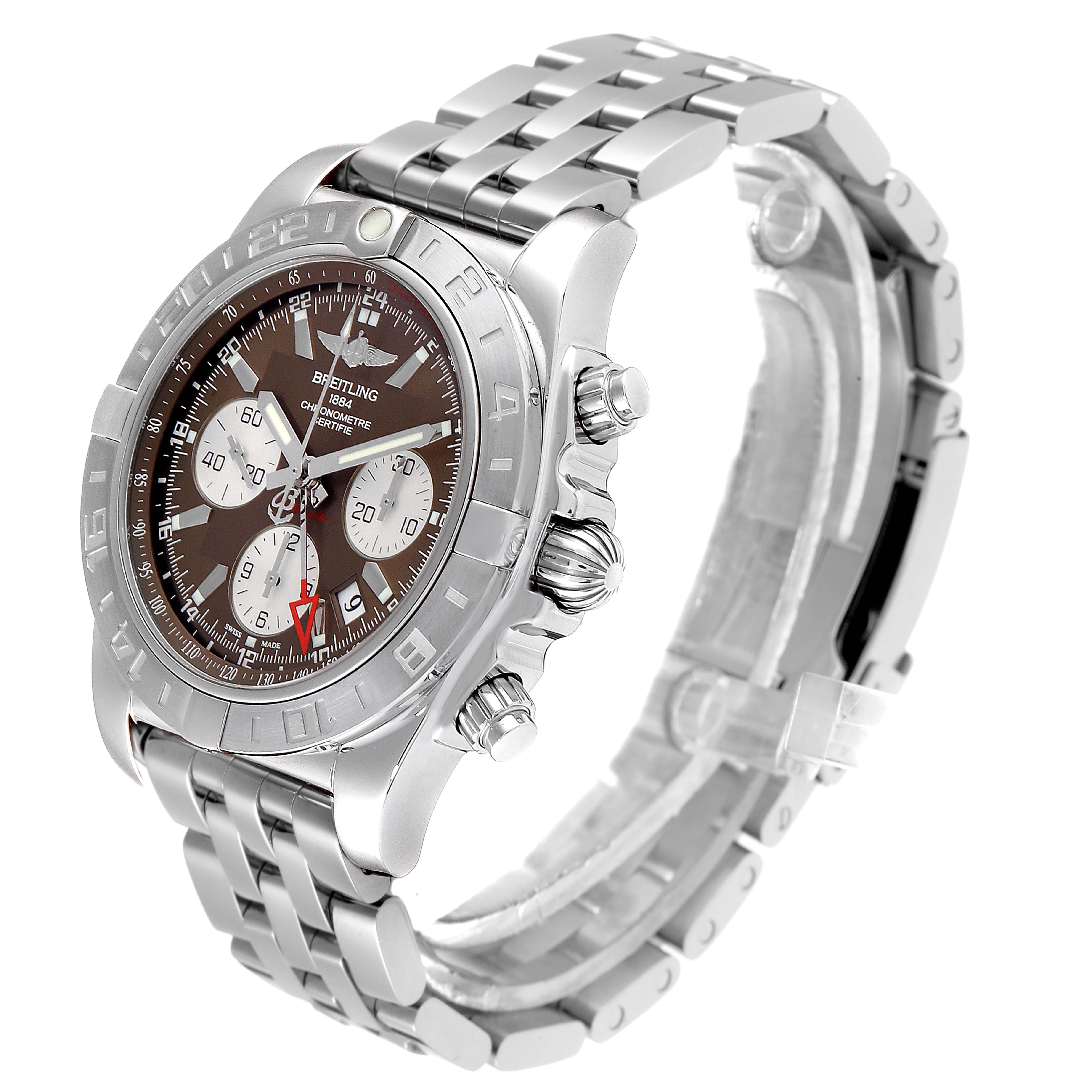 The Breitling Chronomat AB042011 Men
s Stainless Steel Brown Dial watch is shown at a three-quarter angle, highlighting the bezel, dial, subdials, and metal bracelet.