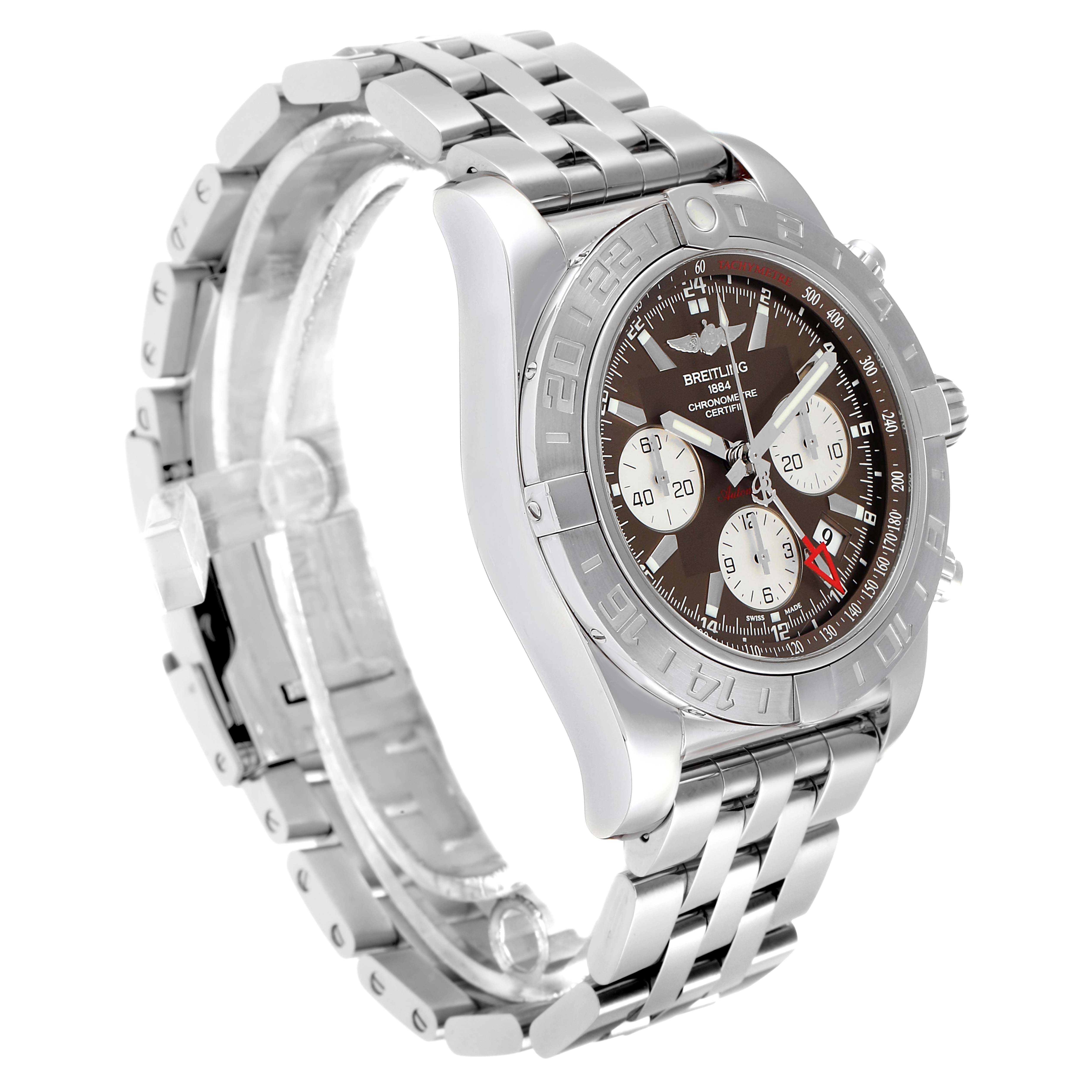 The Breitling Chronomat AB042011 Men
s Stainless Steel Brown Dial watch is shown at a three-quarter angle, displaying the face, bezel, and metal bracelet.