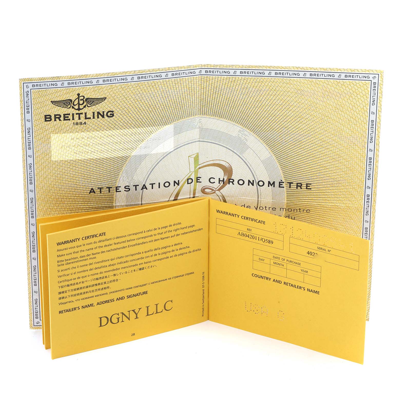 This image shows the warranty certificate and chronometer attestation for a Breitling Chronomat AB042011 Men
s Stainless Steel Brown Dial watch.