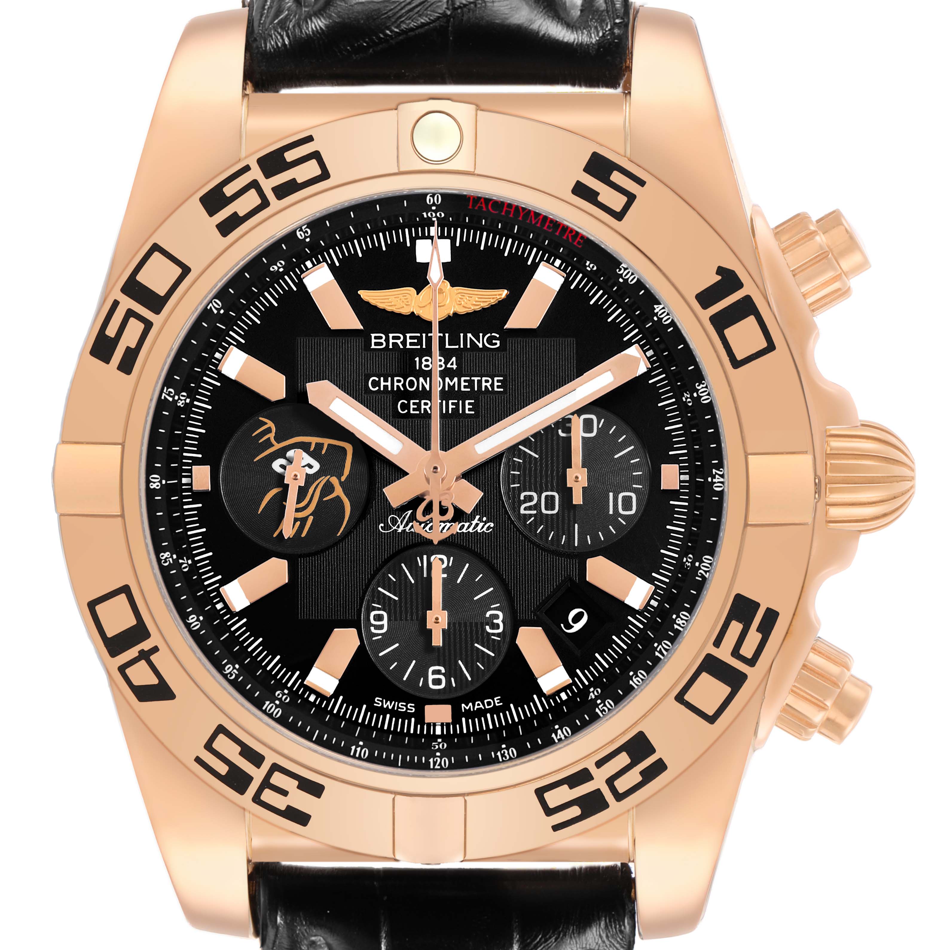 The Breitling Chronomat HB01115W/BE53 Men's Yellow Gold Black Dial watch is shown from the front, highlighting its face, bezel, and chronograph subdials.