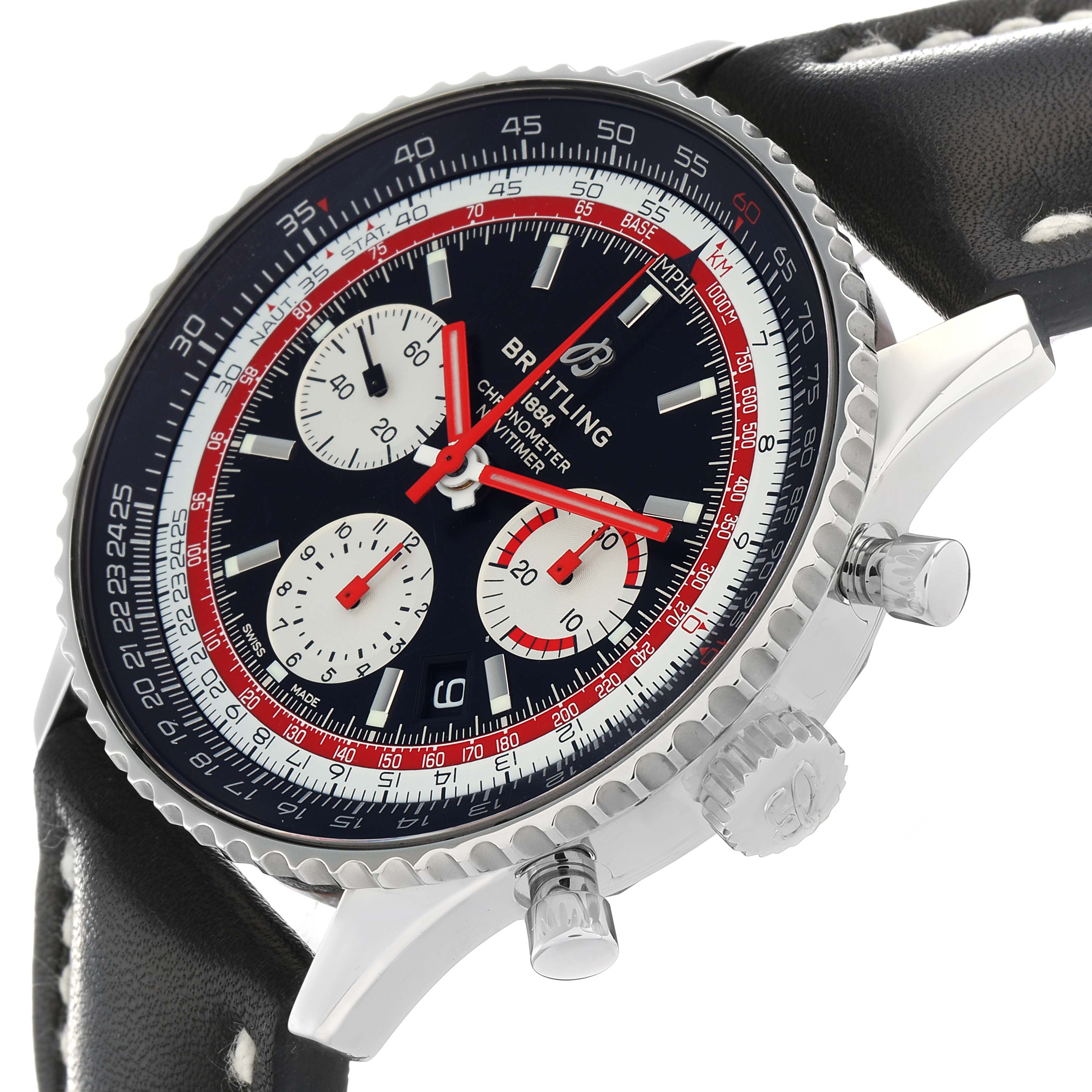 The Breitling Navitimer AB0121 Men
s Stainless Steel Black Dial watch is shown at an angled view, highlighting the face, bezel, crown, pushers, and part of the leather strap.