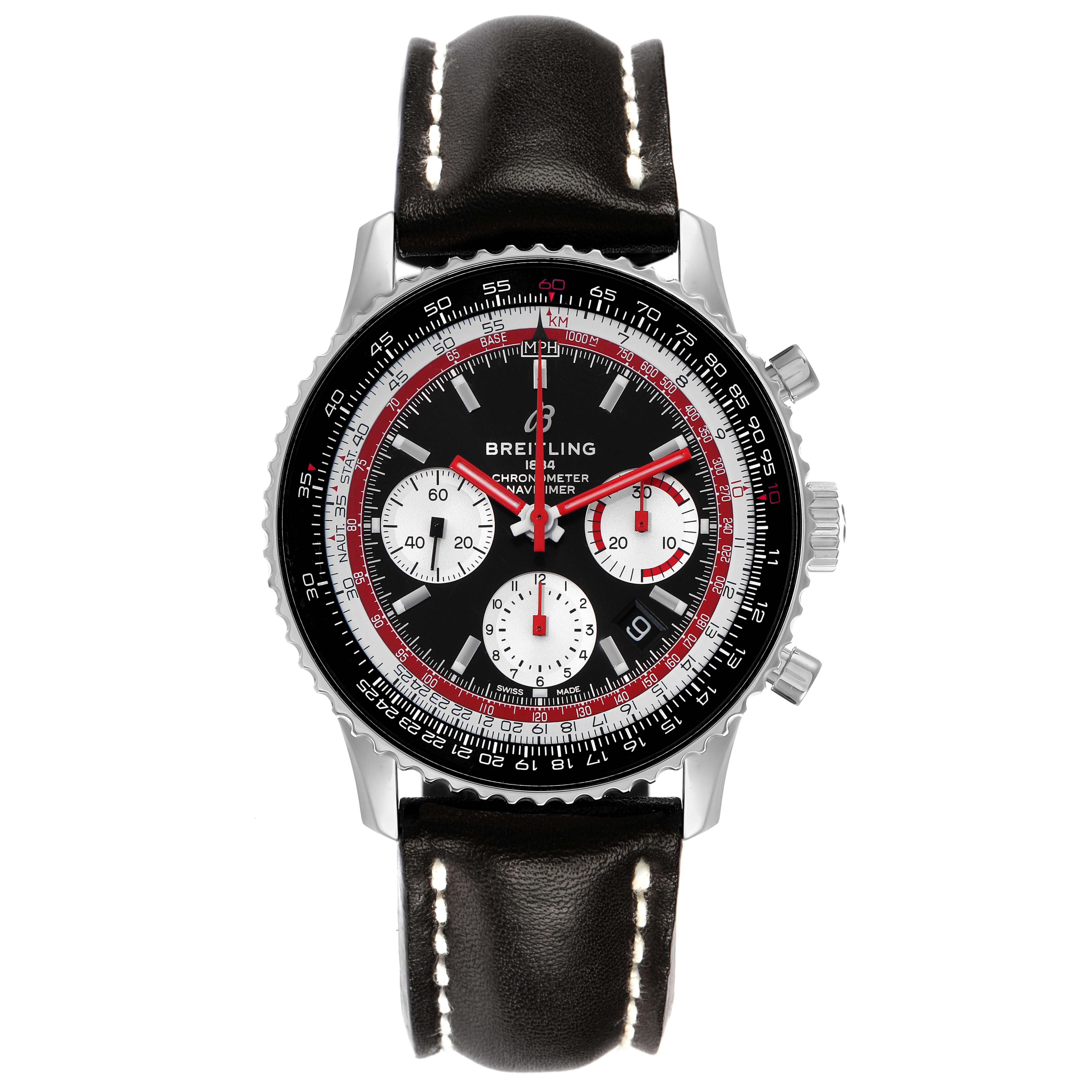 The Breitling Navitimer AB0121 Men
s Stainless Steel Black Dial watch is shown from a top-down angle, highlighting the dial, bezel, and leather strap.
