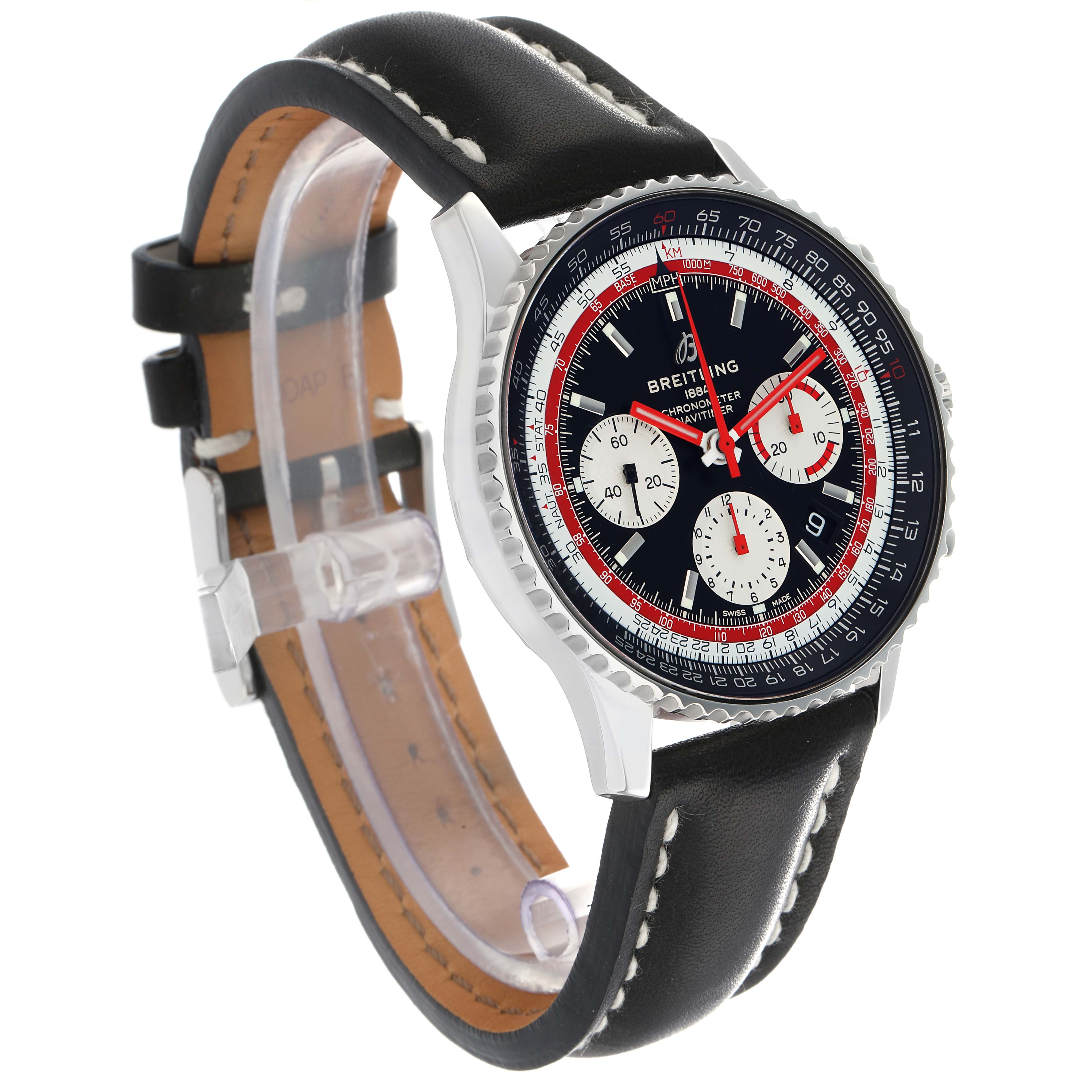 The Breitling Navitimer AB0121 Men
s Stainless Steel Black Dial watch is shown at a slight angle, displaying the face, bezel, and black leather strap with white stitching.