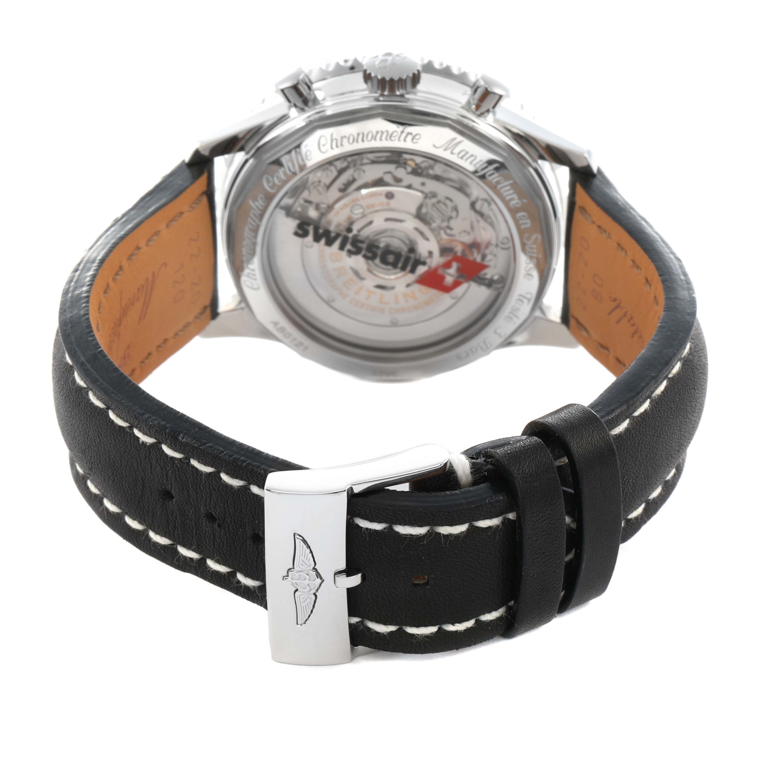 The image shows the back view of a Breitling Navitimer AB0121 Men
s Stainless Steel Black Dial, highlighting its transparent case back and black leather strap.