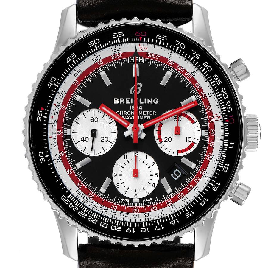 The Breitling Navitimer AB0121 Men's Stainless Steel Black Dial watch is shown at a front angle, displaying its dial, subdials, bezel, and crown.