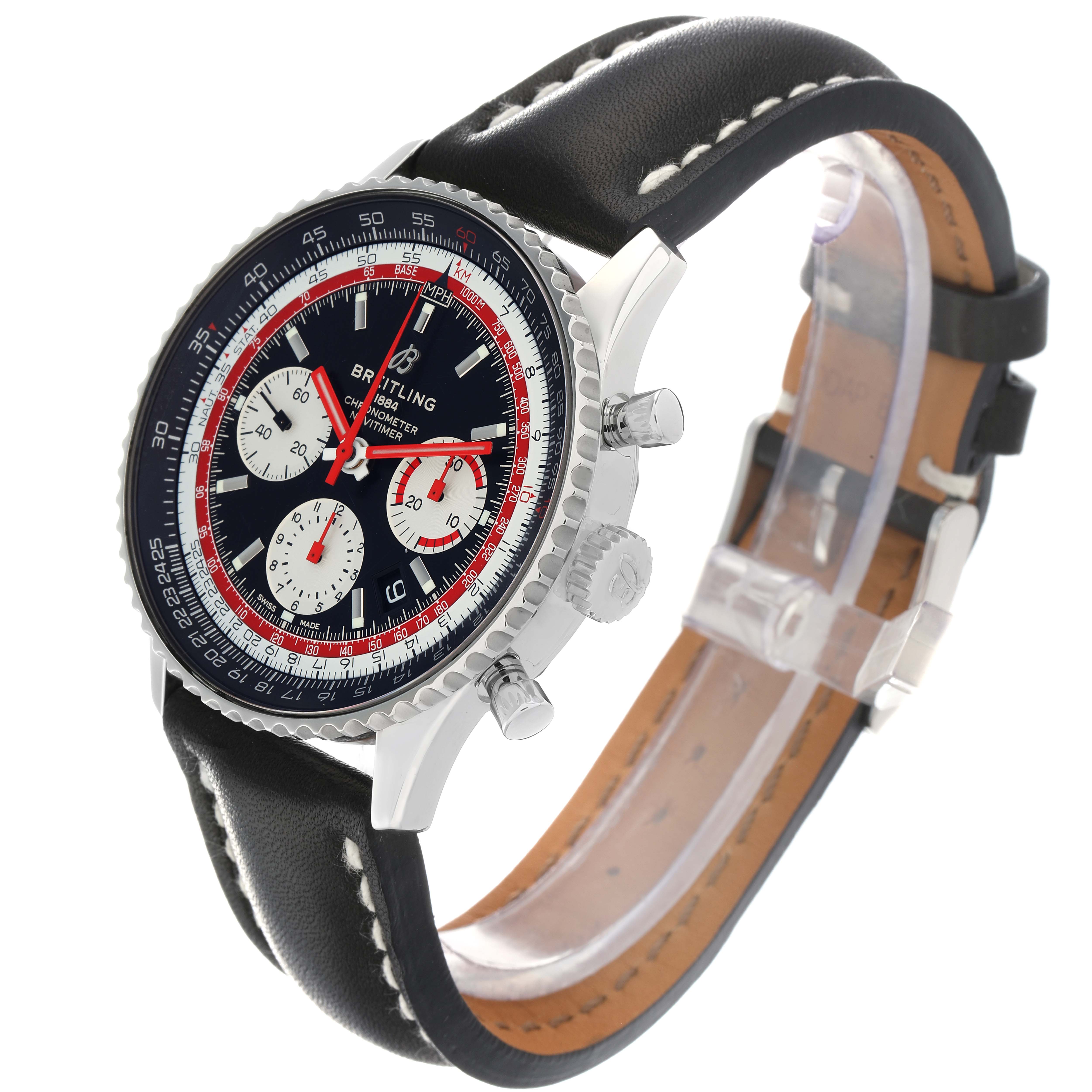 The Breitling Navitimer AB0121 Men
s Stainless Steel Black Dial watch is shown from a front-side angle, highlighting the dial, bezel, crown, pushers, and leather strap.