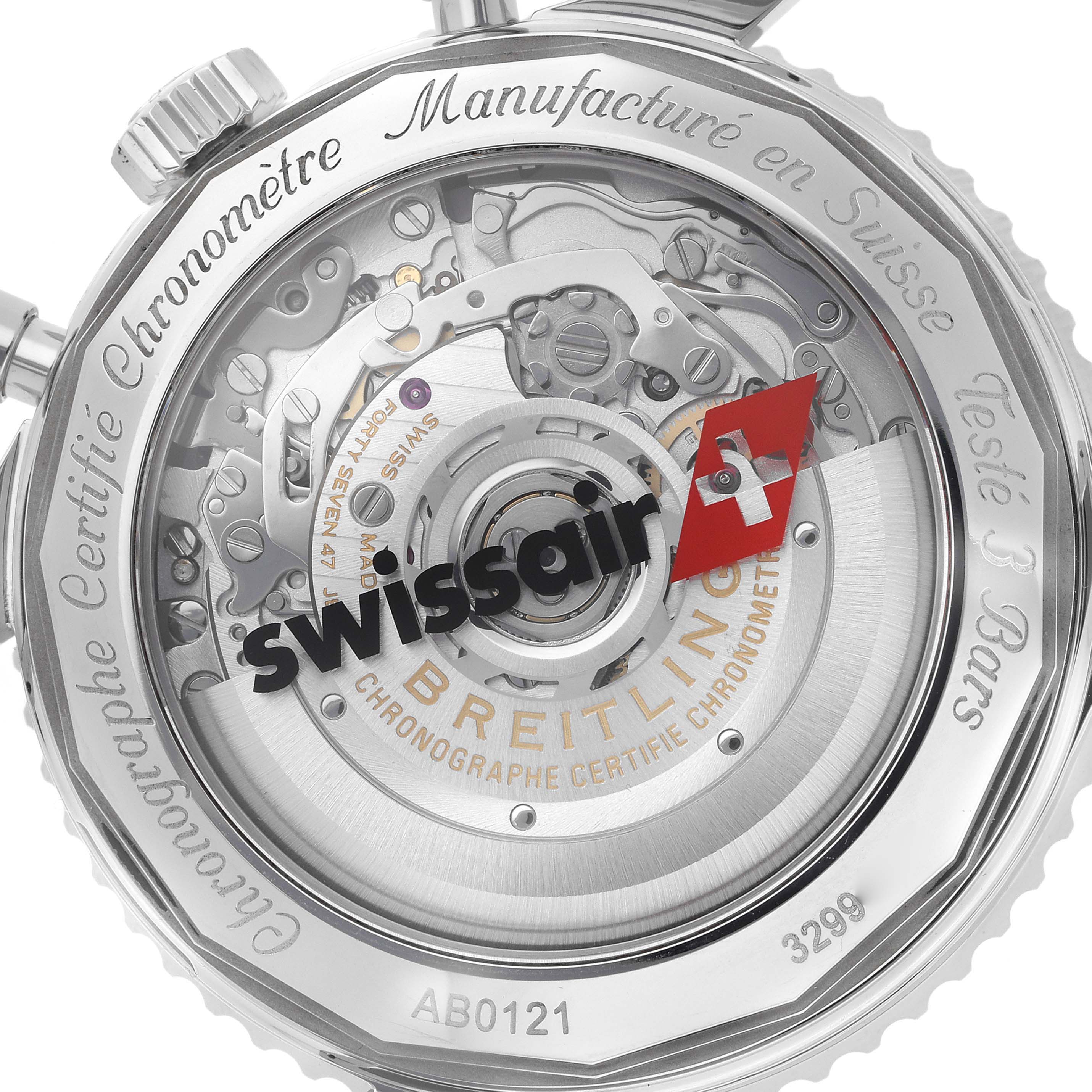 The image shows the rear view of a Breitling Navitimer AB0121 Men
s Stainless Steel Black Dial watch, highlighting its exposed mechanical movement and rotor.