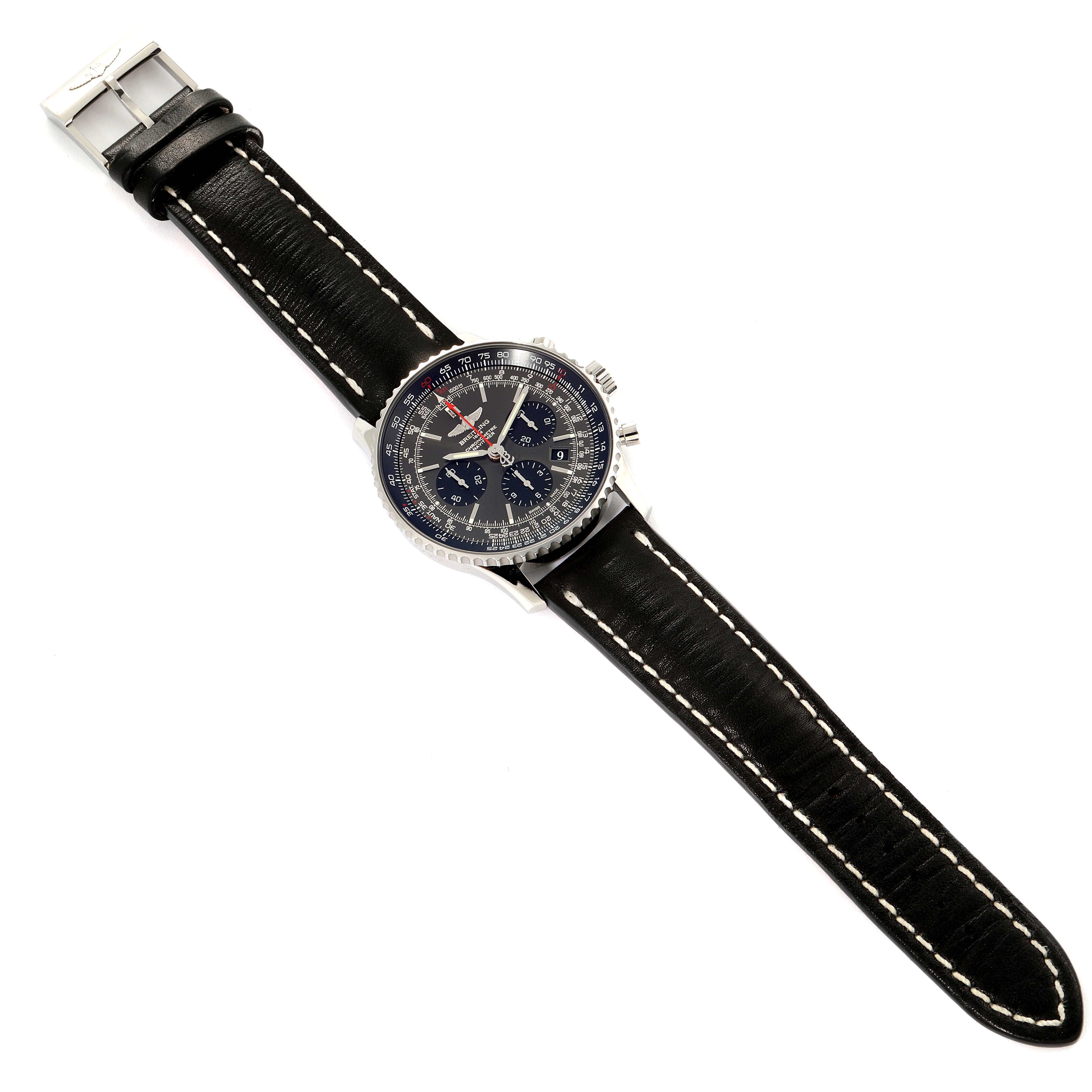 This Breitling Navitimer AB0121 Men's Stainless Steel Grey Dial AB0121 Men's Stainless Steel Grey Dial watch is shown from a top-down angle, revealing its black leather strap and detailed dial.