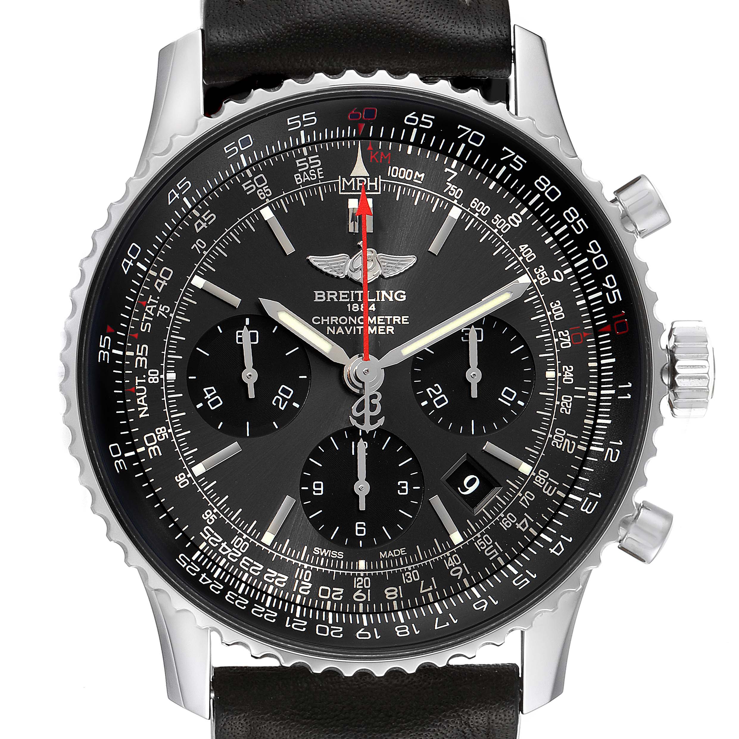 The Breitling Navitimer AB0121 Men's Stainless Steel Grey Dial AB0121 Men's Stainless Steel Grey Dial watch is shown from the front, displaying its dial, subdials, bezel, and crown/pushers.