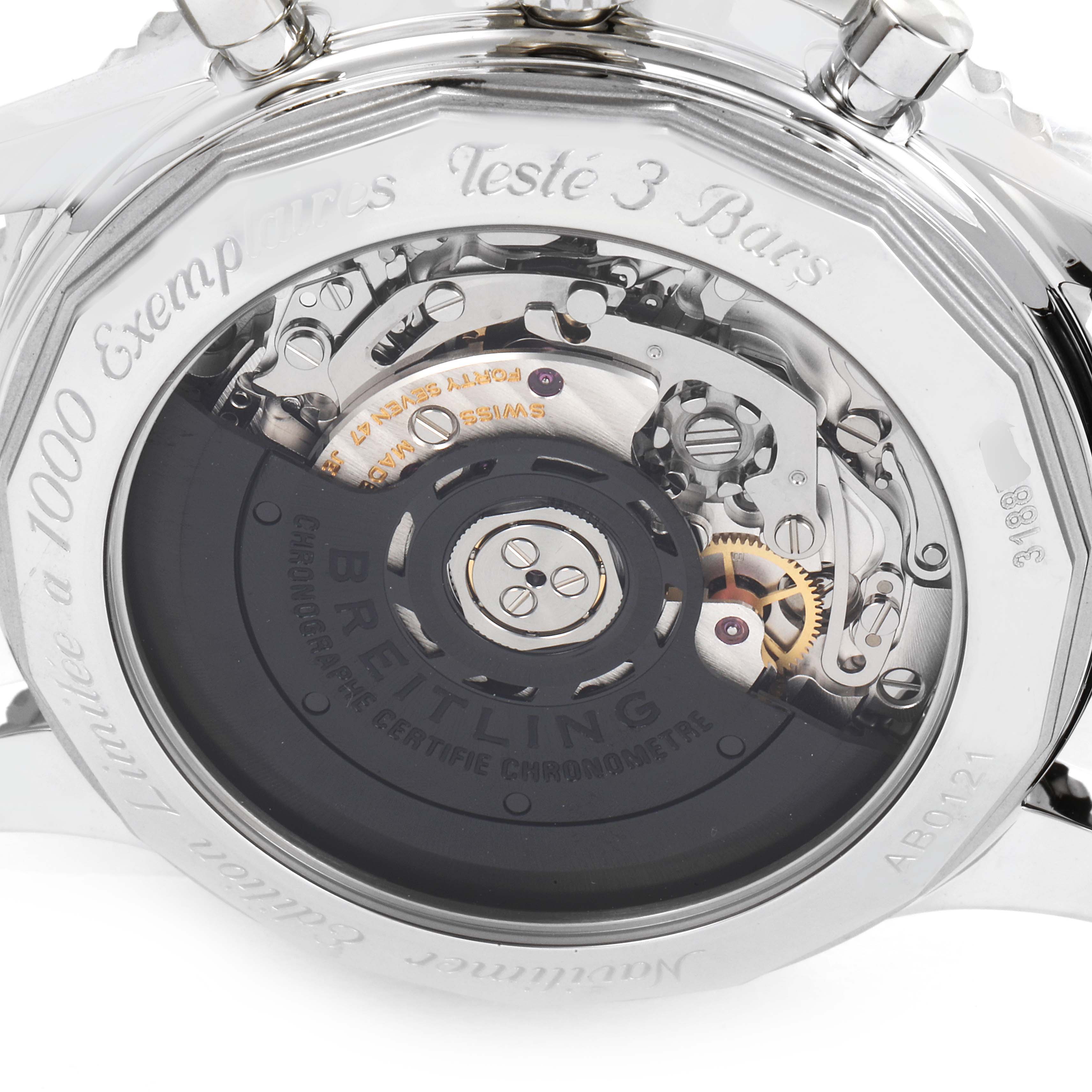 The image shows the back case and internal mechanism of a Breitling Navitimer AB0121 Men's Stainless Steel Grey Dial AB0121 Men's Stainless Steel Grey Dial watch.