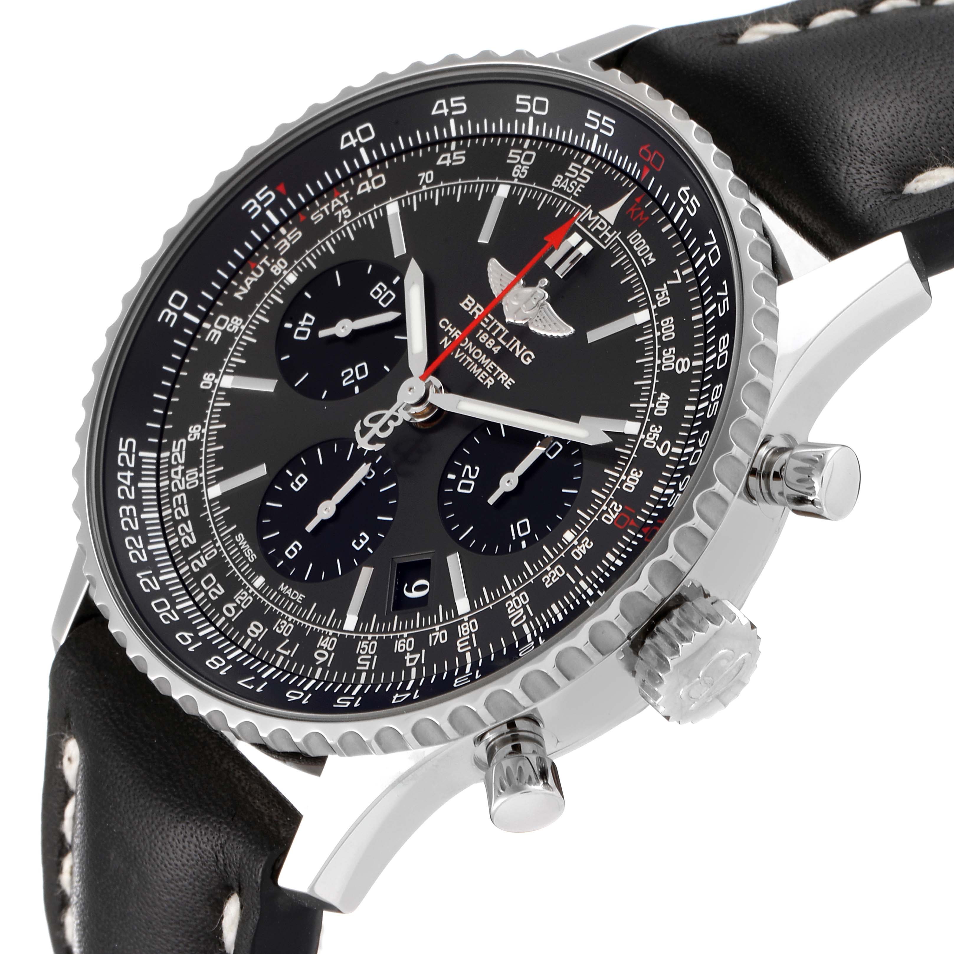 The image shows a Breitling Navitimer AB0121 Men's Stainless Steel Grey Dial AB0121 Men's Stainless Steel Grey Dial watch at an angled side view, highlighting the crown, pushers, and detailed dial.