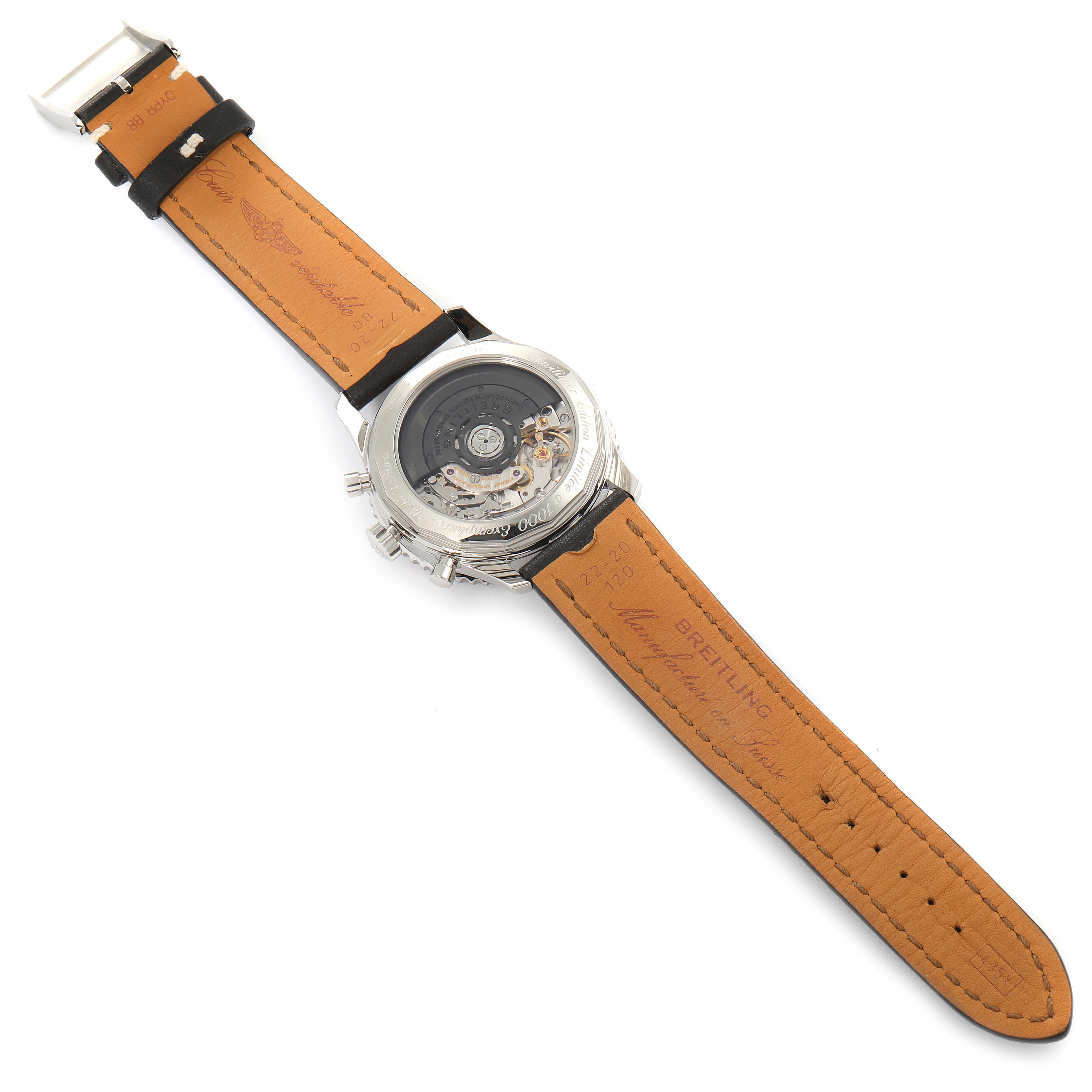 The image shows the back view of a Breitling Navitimer AB0121 Men's Stainless Steel Grey Dial AB0121 Men's Stainless Steel Grey Dial watch, highlighting the movement and the leather strap.