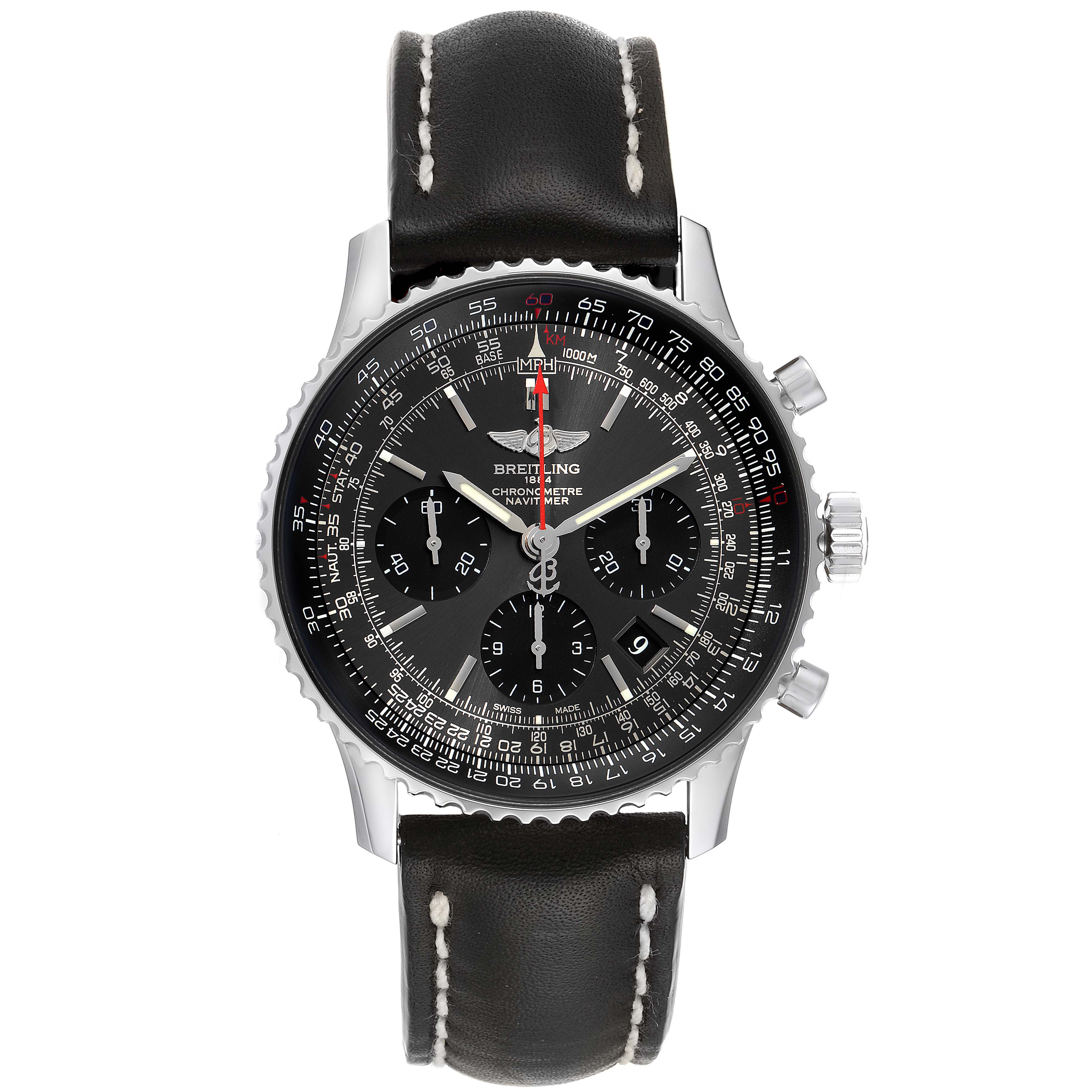 This photo shows the front angle of a Breitling Navitimer AB0121 Men's Stainless Steel Grey Dial AB0121 Men's Stainless Steel Grey Dial watch, displaying its face, bezel, pushers, crown, and leather strap.