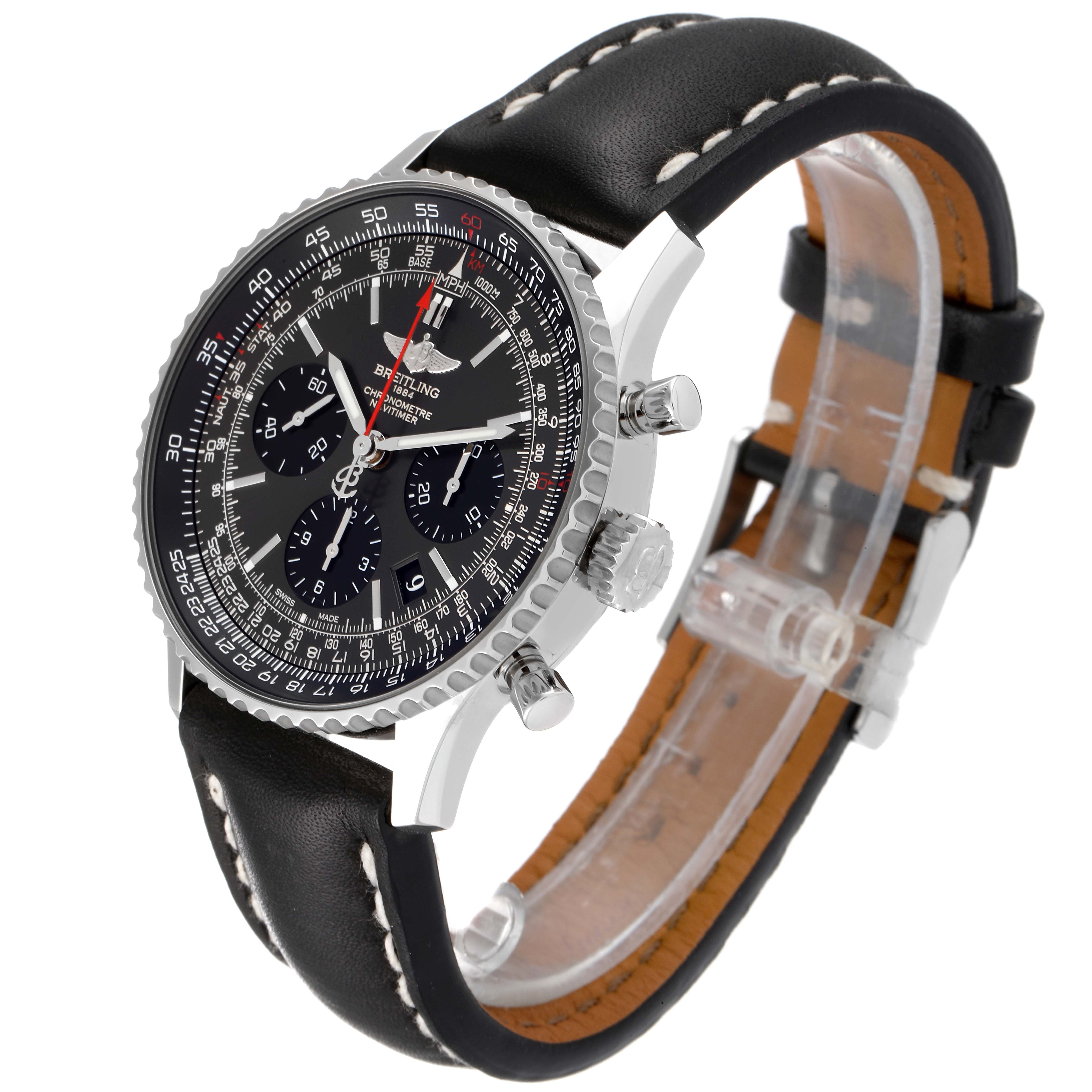 The Breitling Navitimer AB0121 Men's Stainless Steel Grey Dial AB0121 Men's Stainless Steel Grey Dial watch is shown at a right-side angle, displaying the face, bezel, crown, pushers, and leather strap.