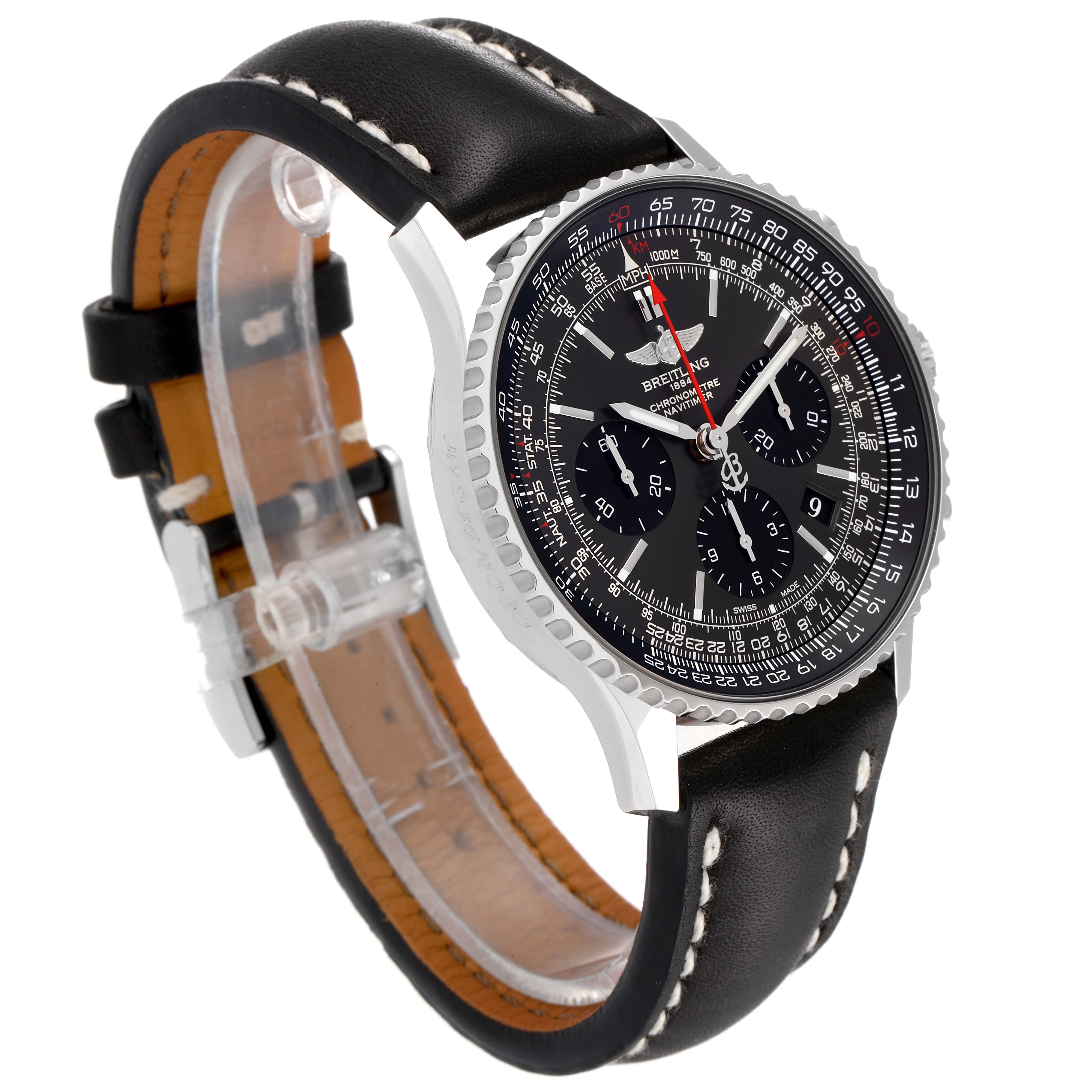 This image shows a side angle of a Breitling Navitimer AB0121 Men's Stainless Steel Grey Dial AB0121 Men's Stainless Steel Grey Dial watch, revealing its face, bezel, and leather strap.