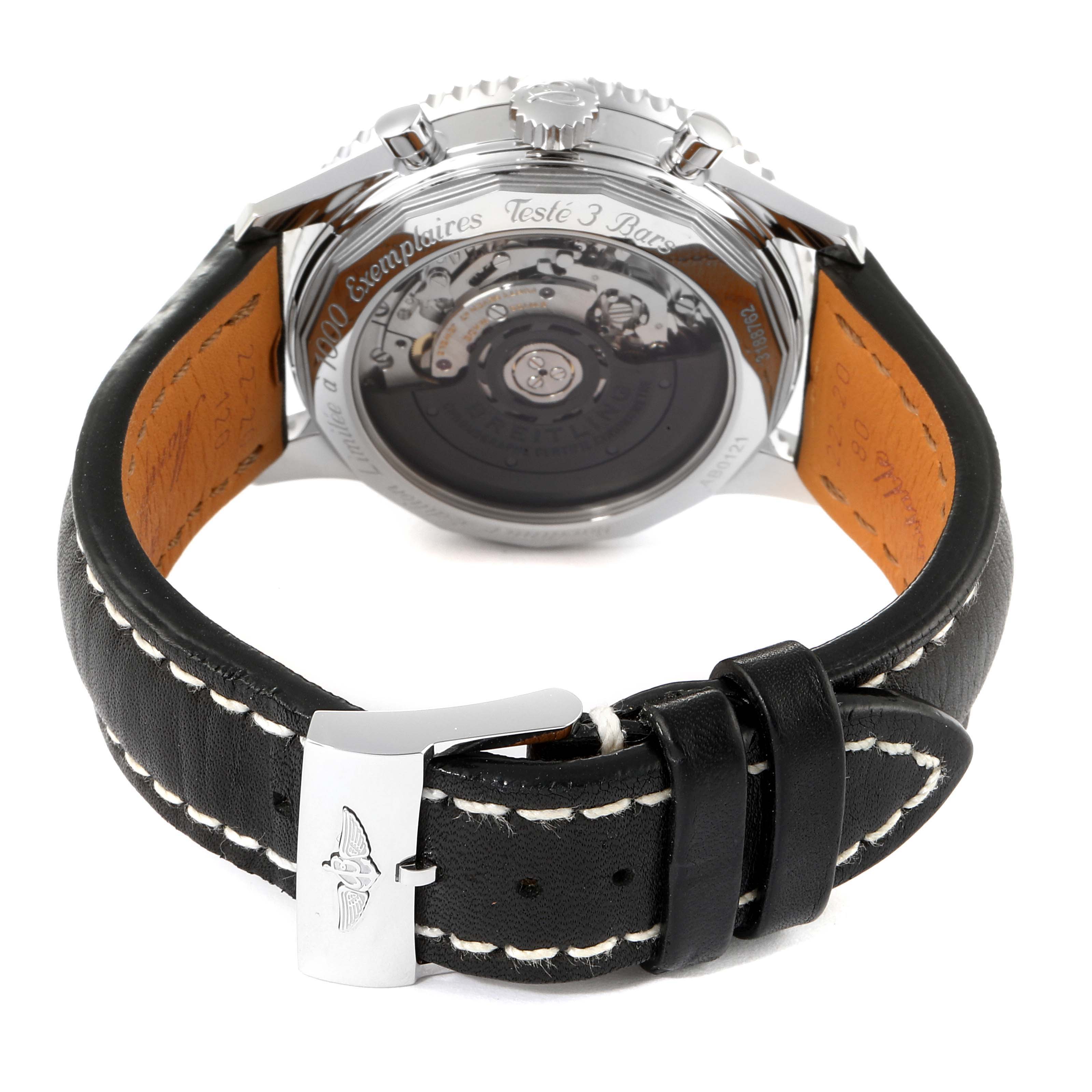 The image shows the back view of a Breitling Navitimer AB0121 Men's Stainless Steel Grey Dial AB0121 Men's Stainless Steel Grey Dial watch, highlighting the movement and black leather strap with a clasp.