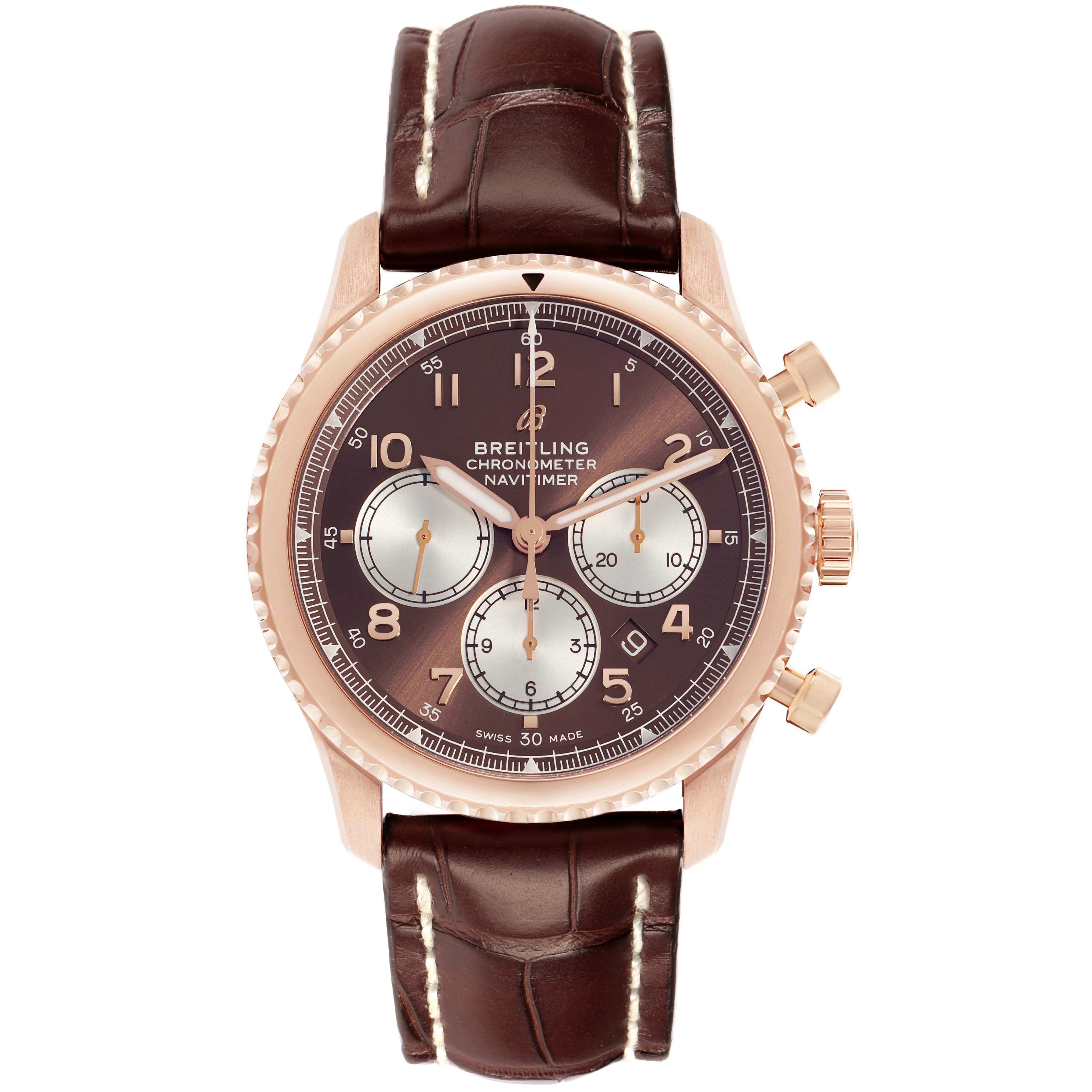 The Breitling Navitimer RB0117 Men
s Rose Gold Brown Dial watch is shown from a front angle, displaying the dial, bezel, and leather strap.