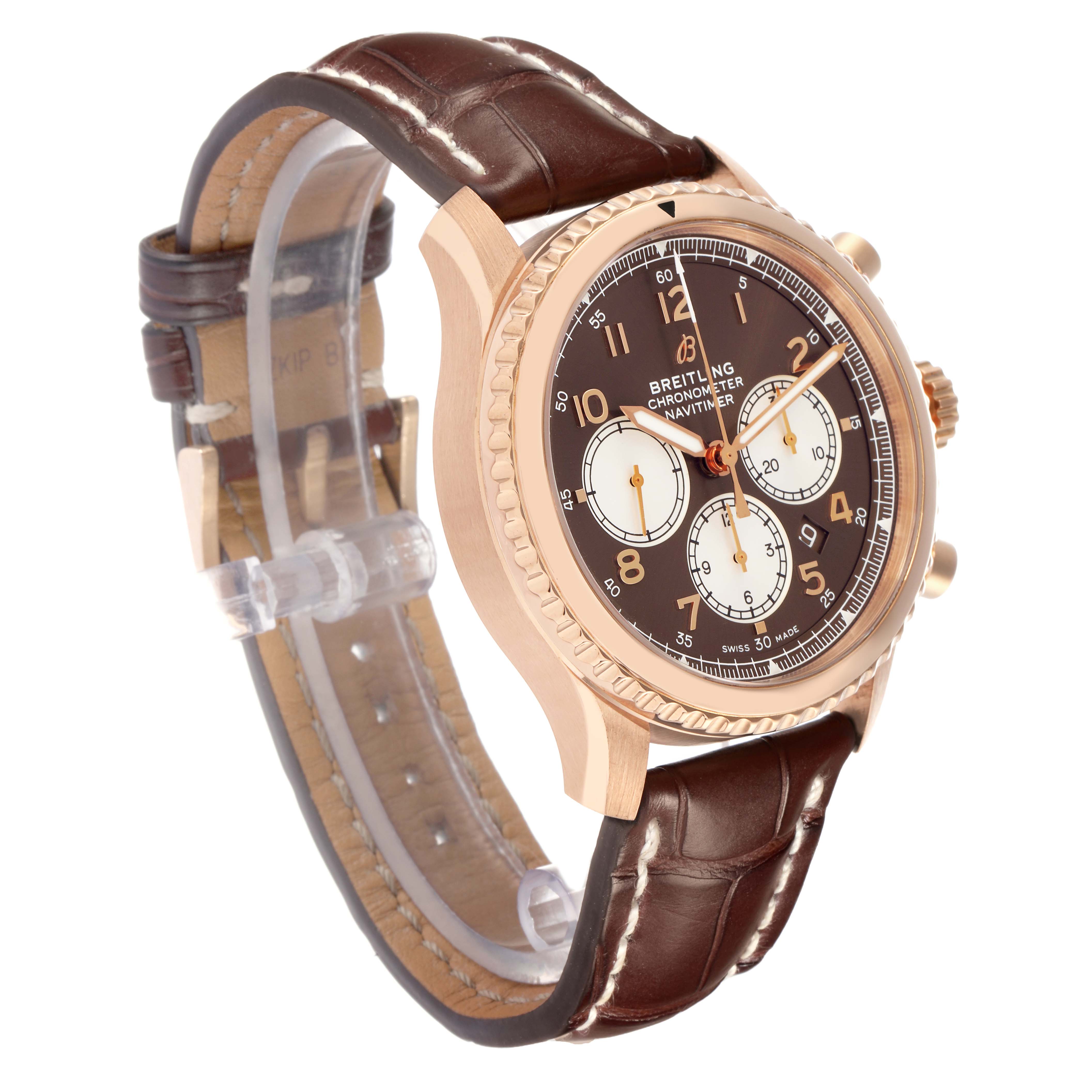 The Breitling Navitimer RB0117 Men
s Rose Gold Brown Dial watch is shown at a slight angle, displaying the brown dial, gold case, chronograph subdials, and leather strap.
