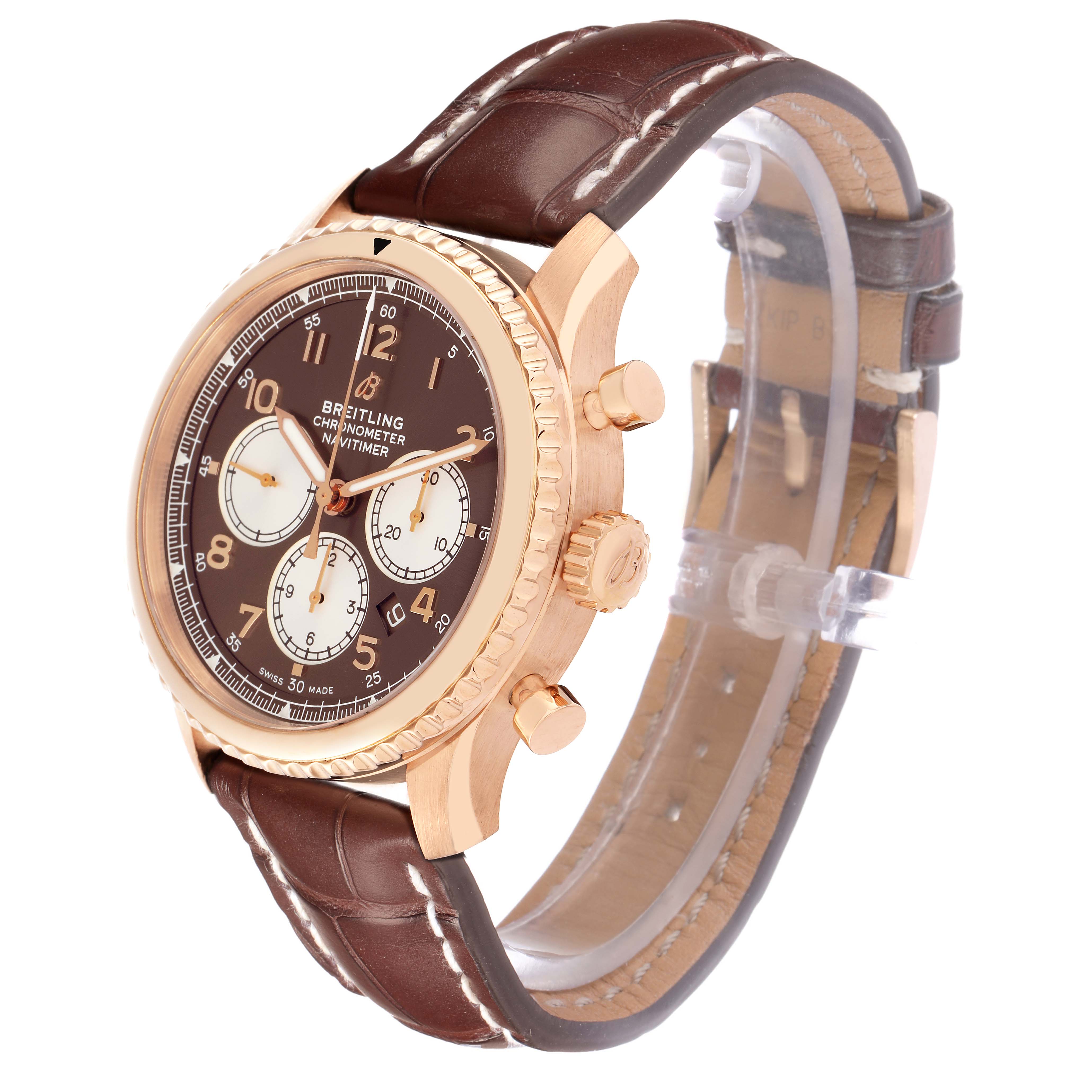 The Breitling Navitimer RB0117 Men
s Rose Gold Brown Dial watch is shown at a three-quarter angle, highlighting the dial, crown, pushers, and brown leather strap.