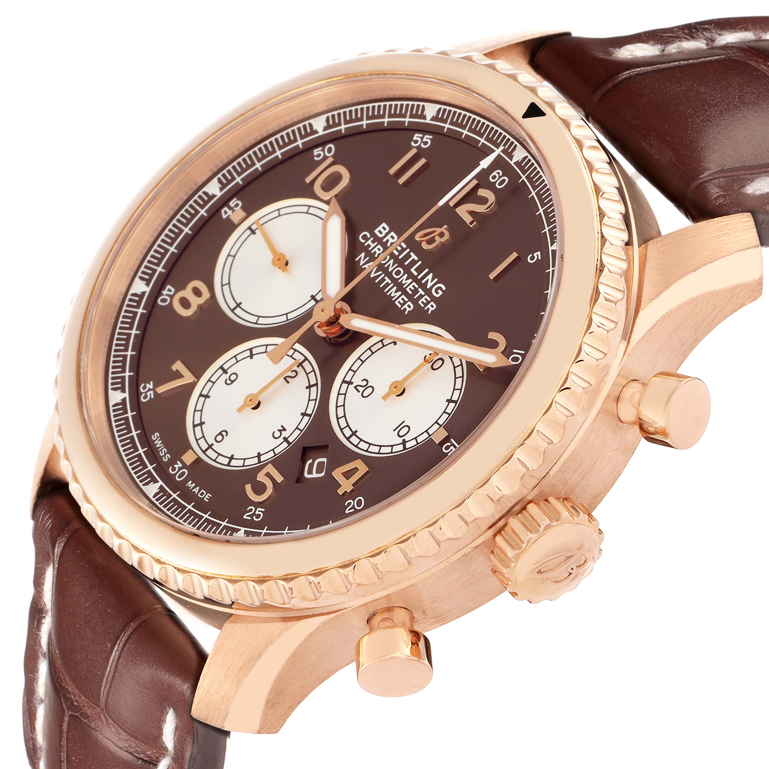 The Breitling Navitimer RB0117 Men
s Rose Gold Brown Dial watch is shown at a high-angle, highlighting the dial, subdials, bezel, case, and brown leather strap.
