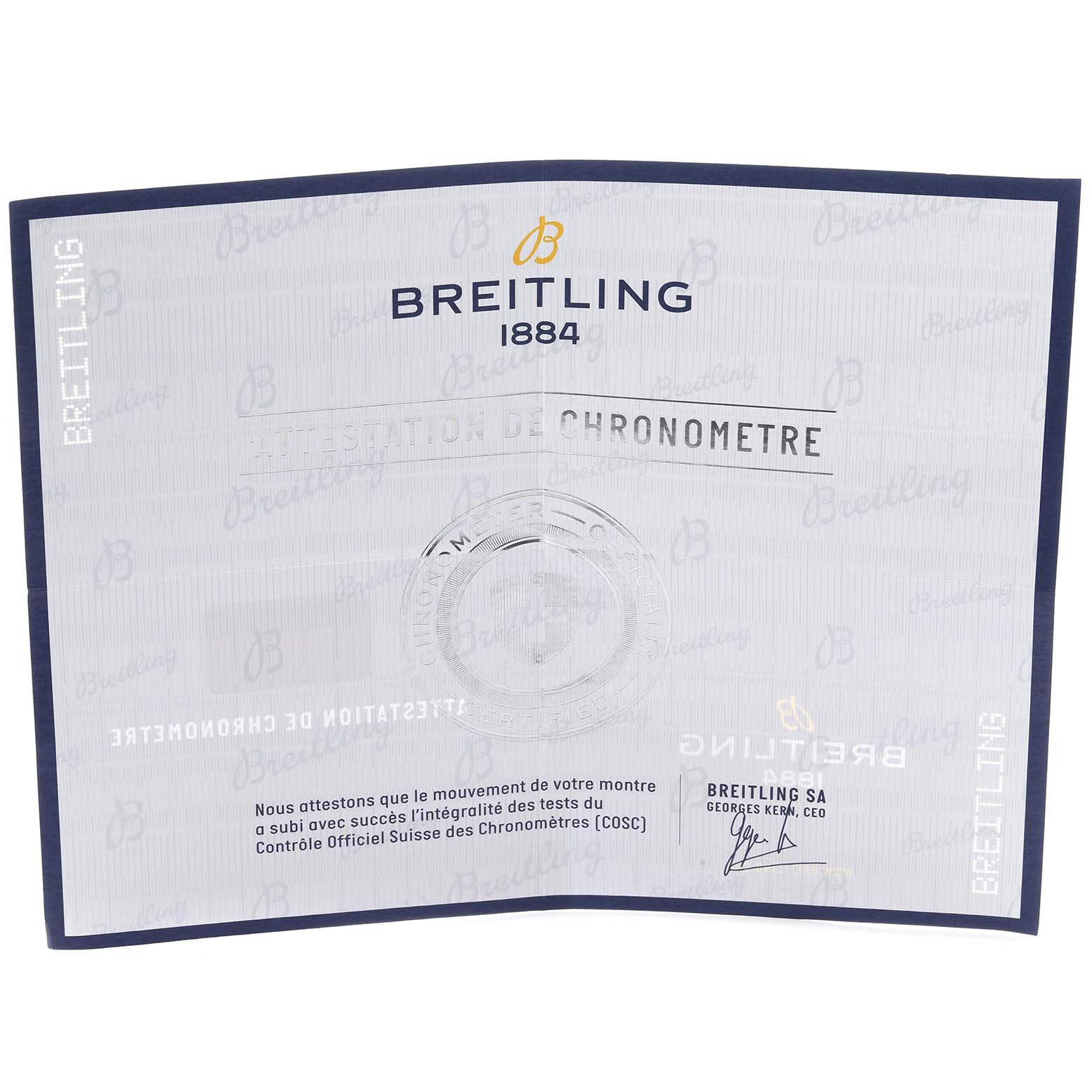 The image shows a Breitling Navitimer RB0117 Men
s Rose Gold Brown Dial certificate of chronometer Best Quality
ity from the COSC, featuring brand and model details.