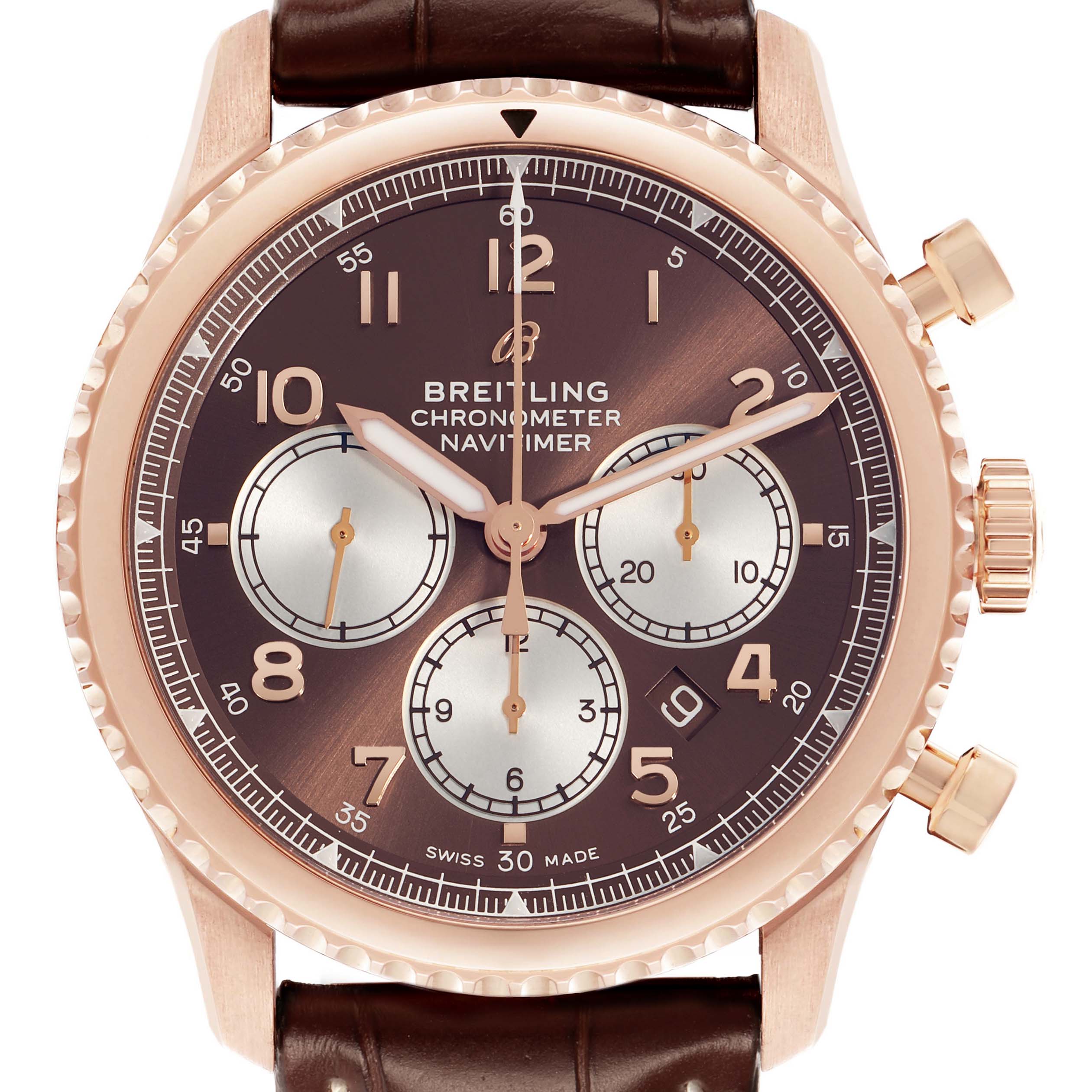 The Breitling Navitimer RB0117 Men
s Rose Gold Brown Dial watch is shown from a front angle, displaying the dial, hands, and chronograph subdials.