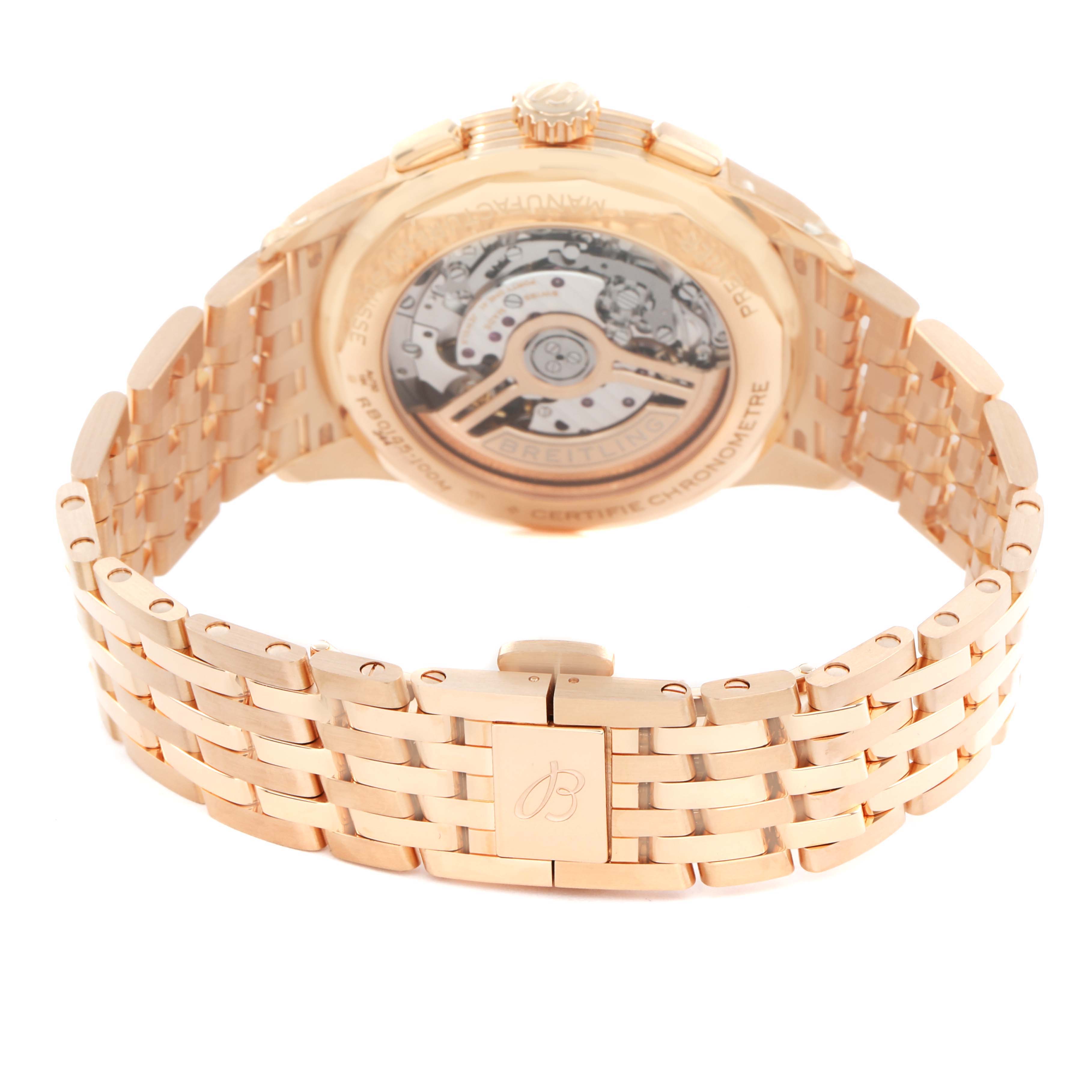 The image shows the back of the Breitling Premier RB0145 Men
s Rose Gold White Dial watch, highlighting its movement and rose gold bracelet.